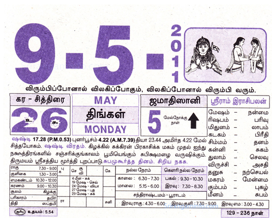 Tamil daily Calendar, Tamil Calendar