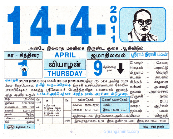 Tamil daily Calendar, Tamil Calendar