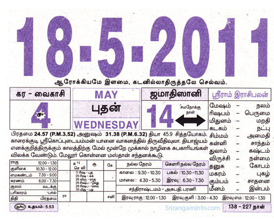Tamil daily Calendar, Tamil Calendar