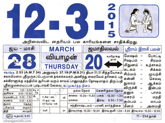 Tamil daily Calendar, Tamil Calendar