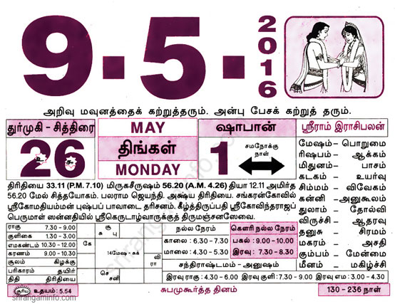 Tamil daily Calendar, Tamil Calendar