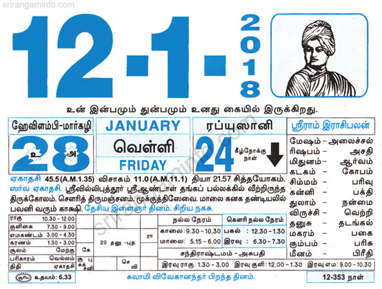 Tamil daily Calendar, Tamil Calendar