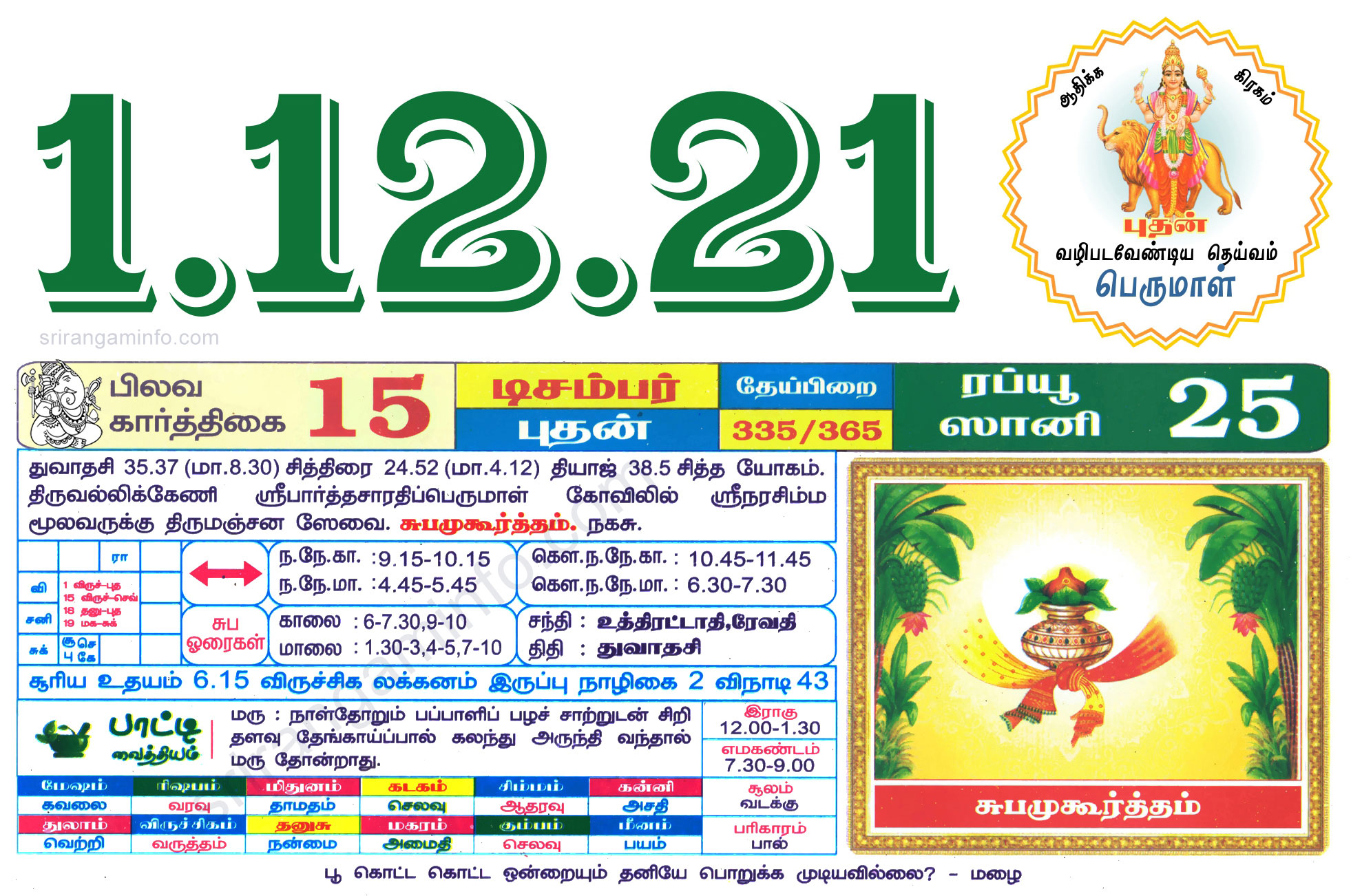 Tamil daily Calendar, Tamil Calendar