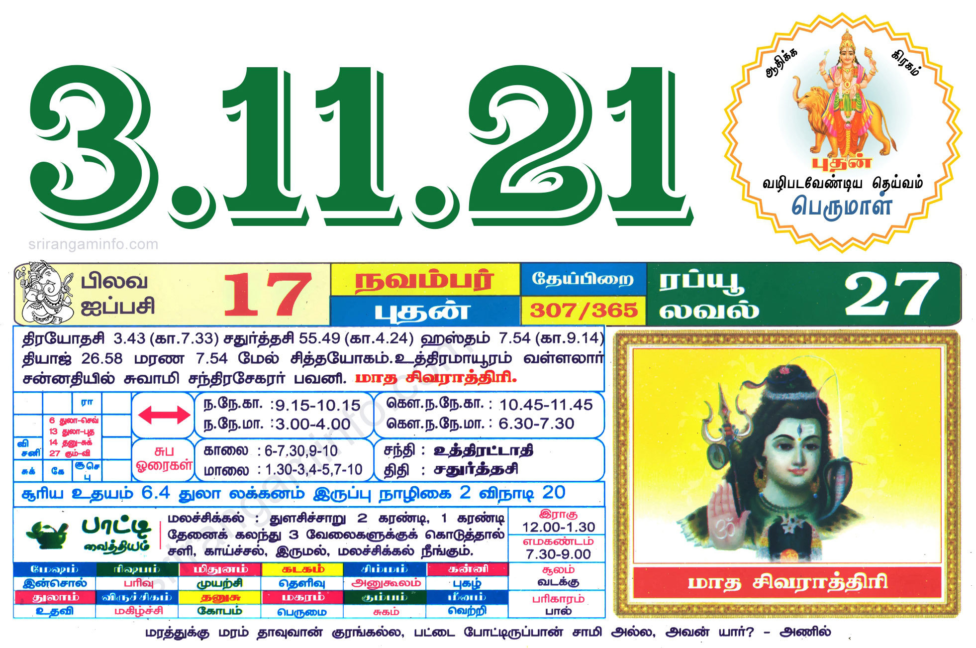 Tamil daily Calendar, Tamil Calendar