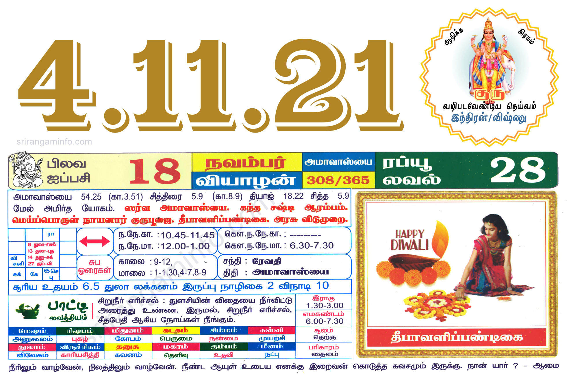 Tamil daily Calendar, Tamil Calendar