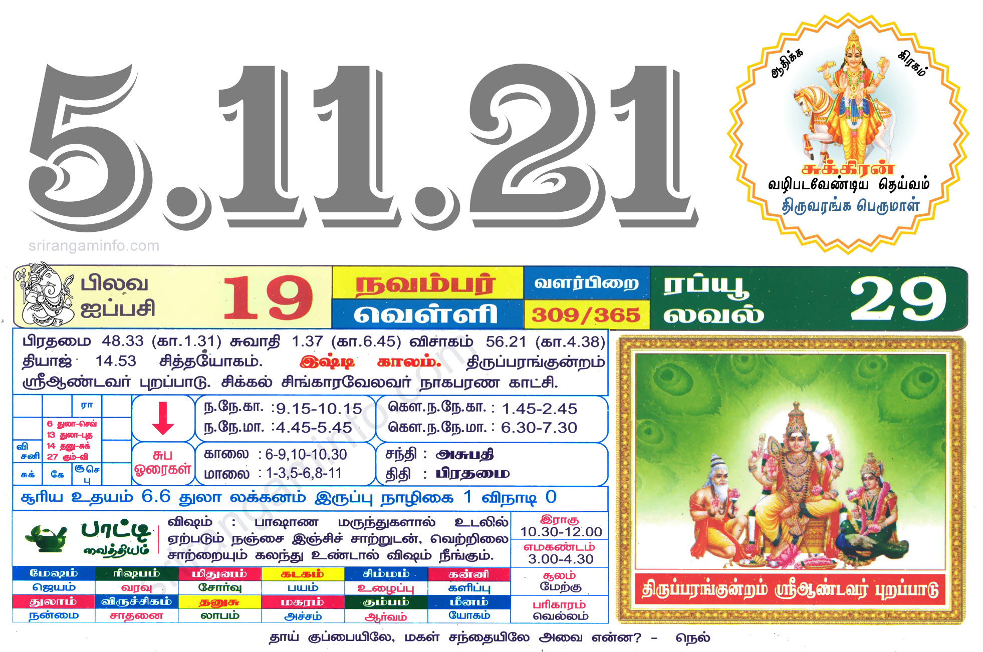 Tamil daily Calendar, Tamil Calendar