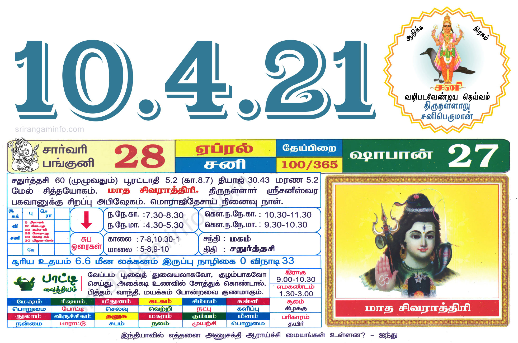 Tamil daily Calendar, Tamil Calendar