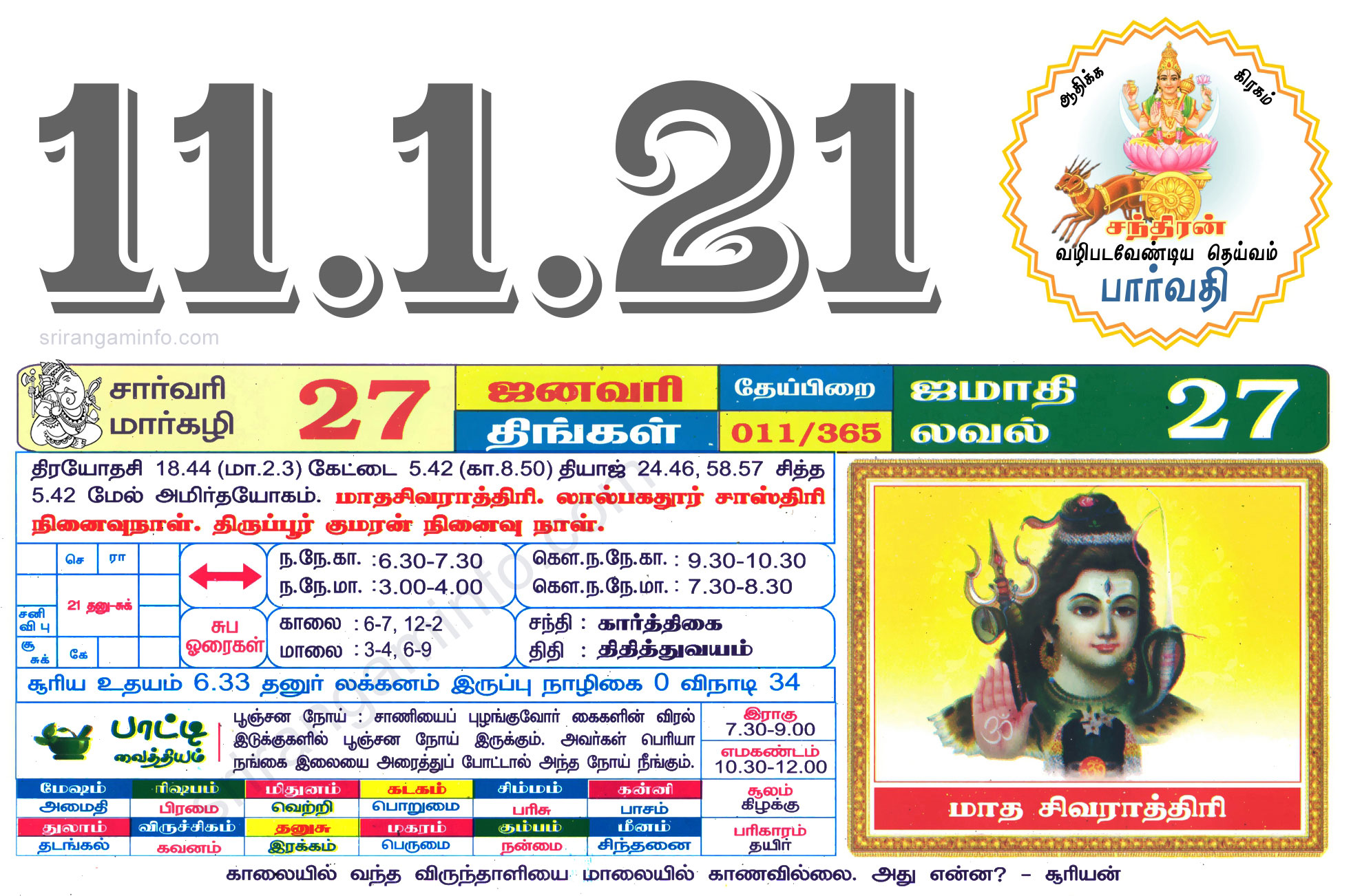 Tamil daily Calendar, Tamil Calendar