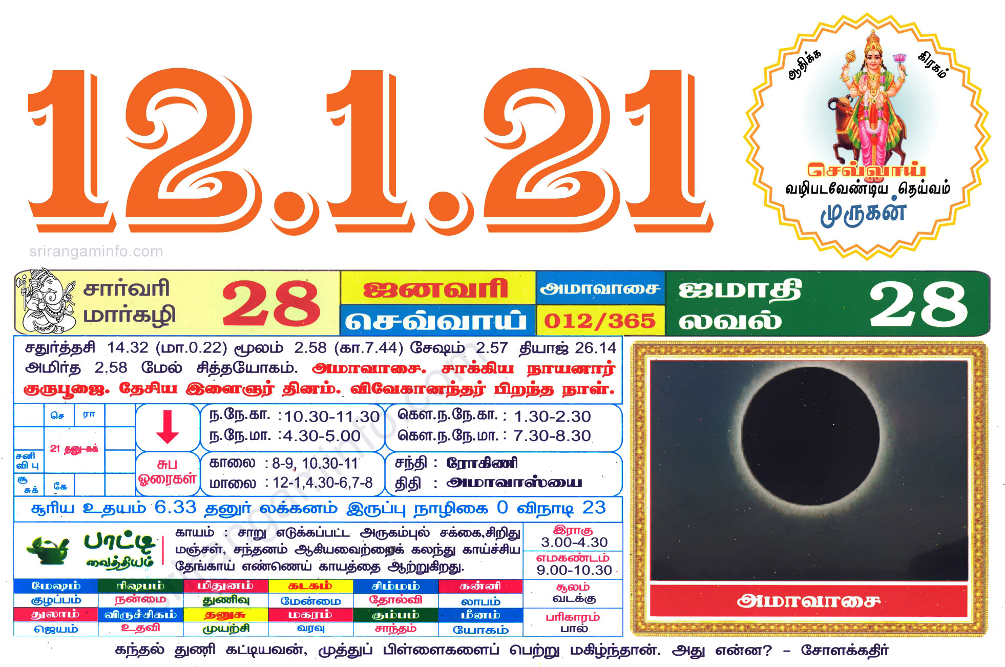 Tamil daily Calendar, Tamil Calendar