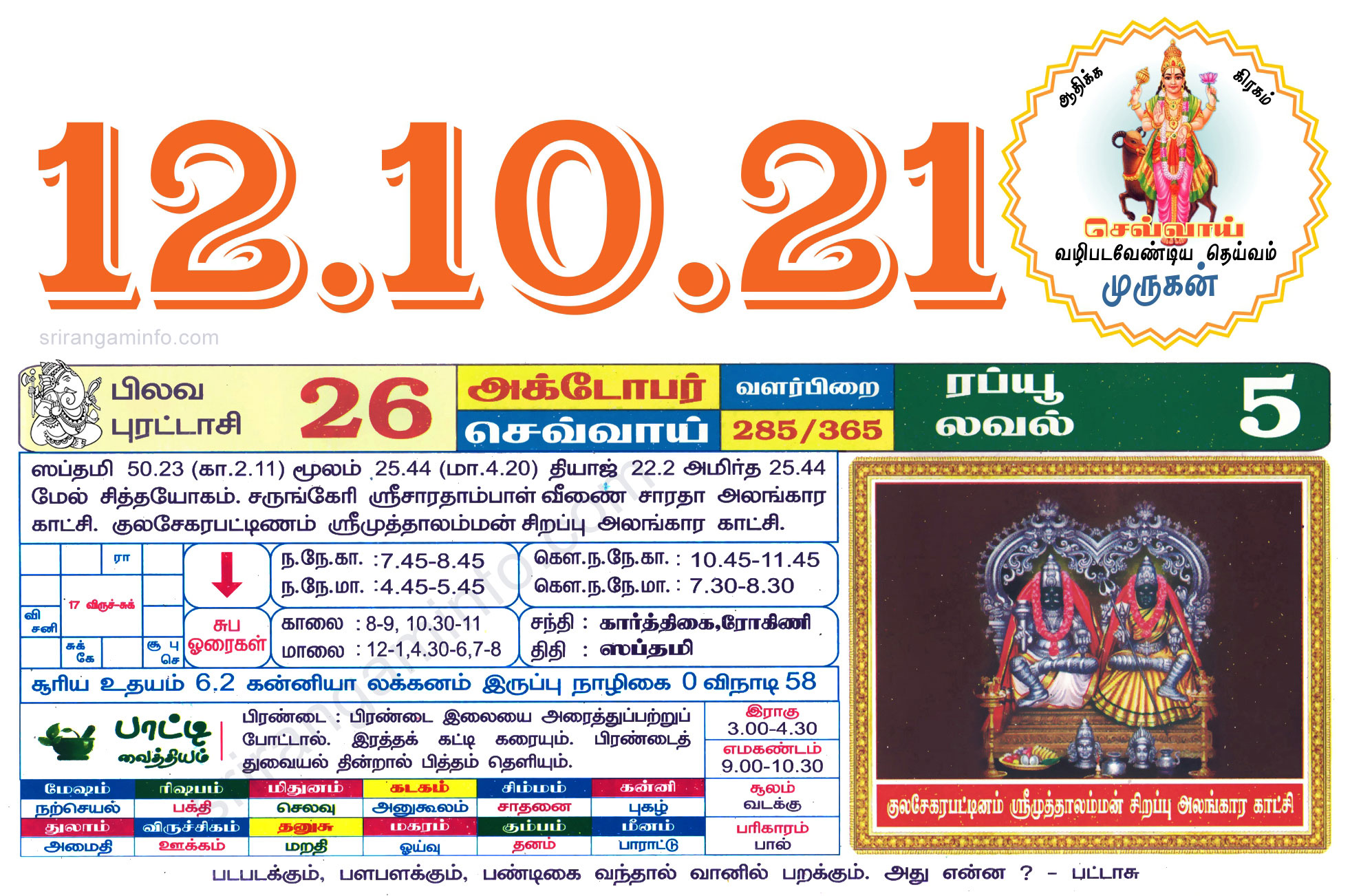 Tamil daily Calendar, Tamil Calendar