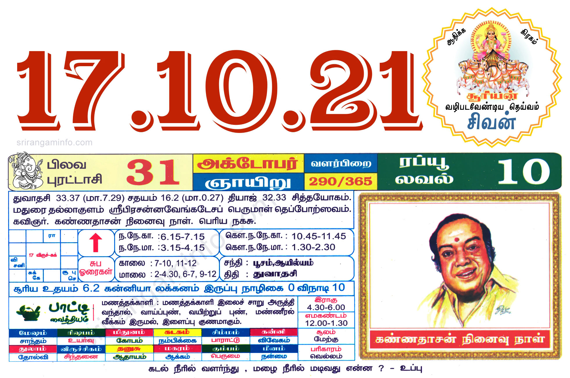 Tamil daily Calendar, Tamil Calendar
