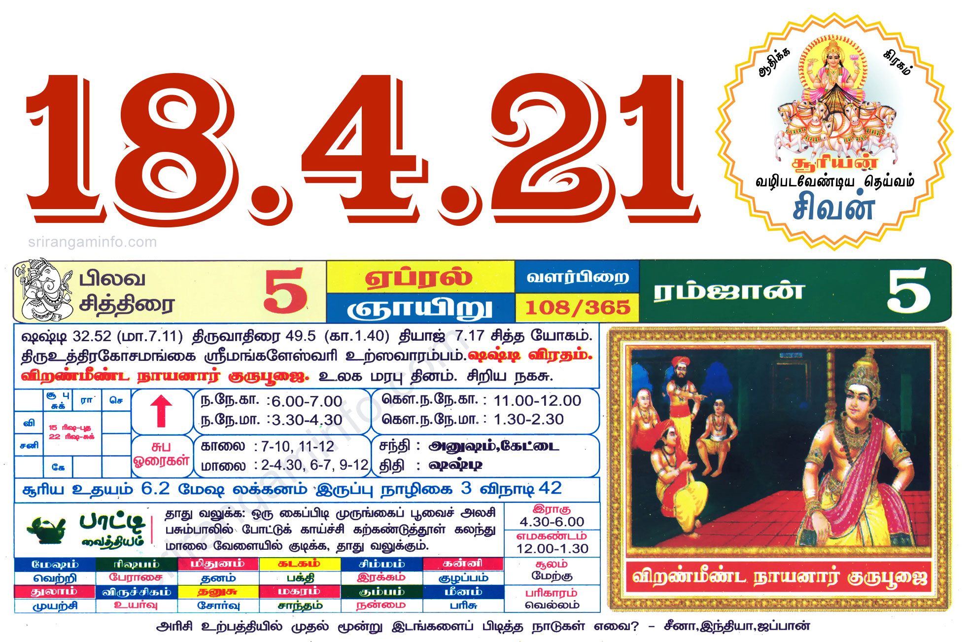 Tamil daily Calendar, Tamil Calendar