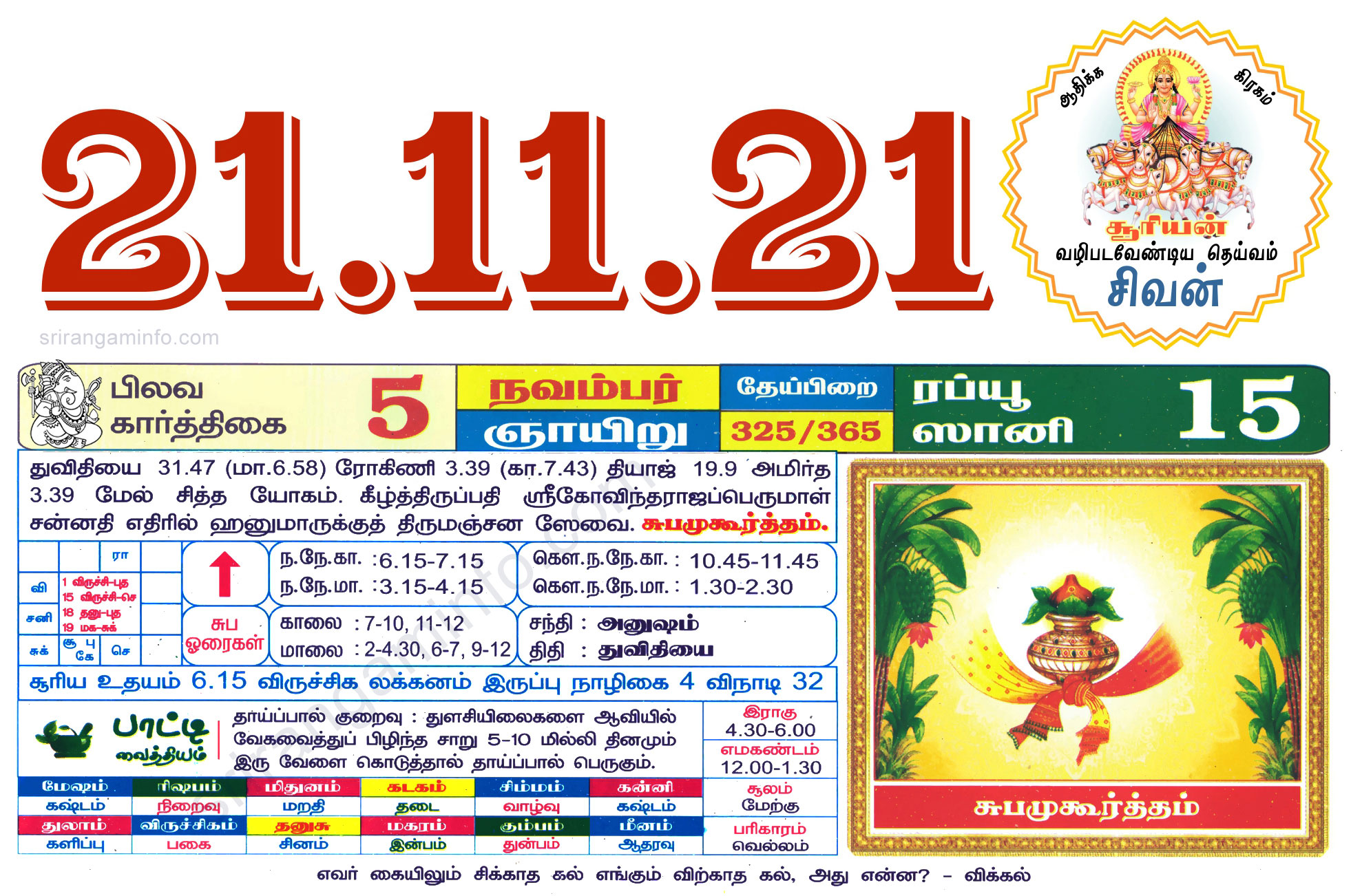 Tamil daily Calendar, Tamil Calendar