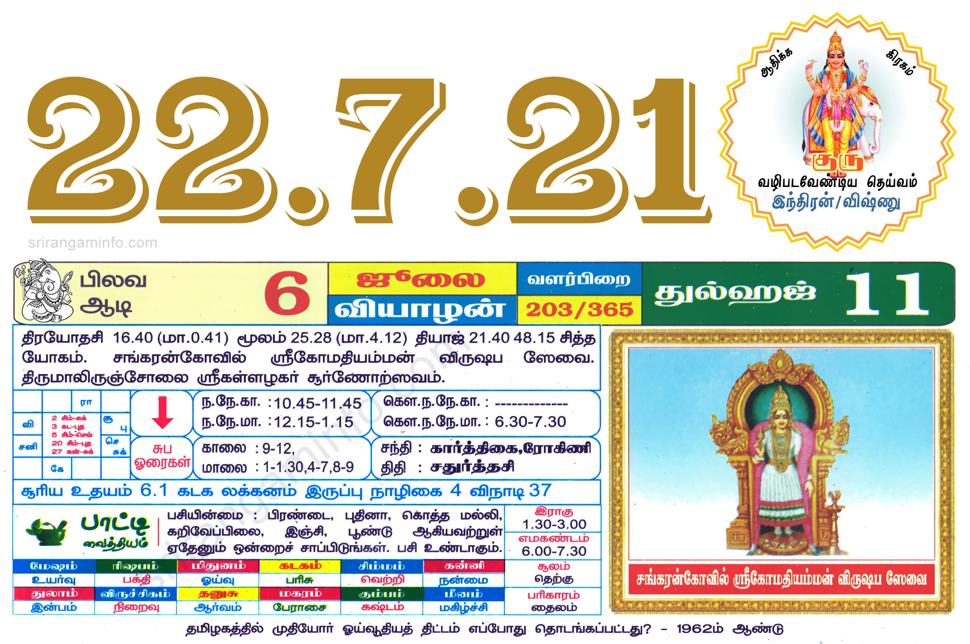 Tamil daily Calendar, Tamil Calendar