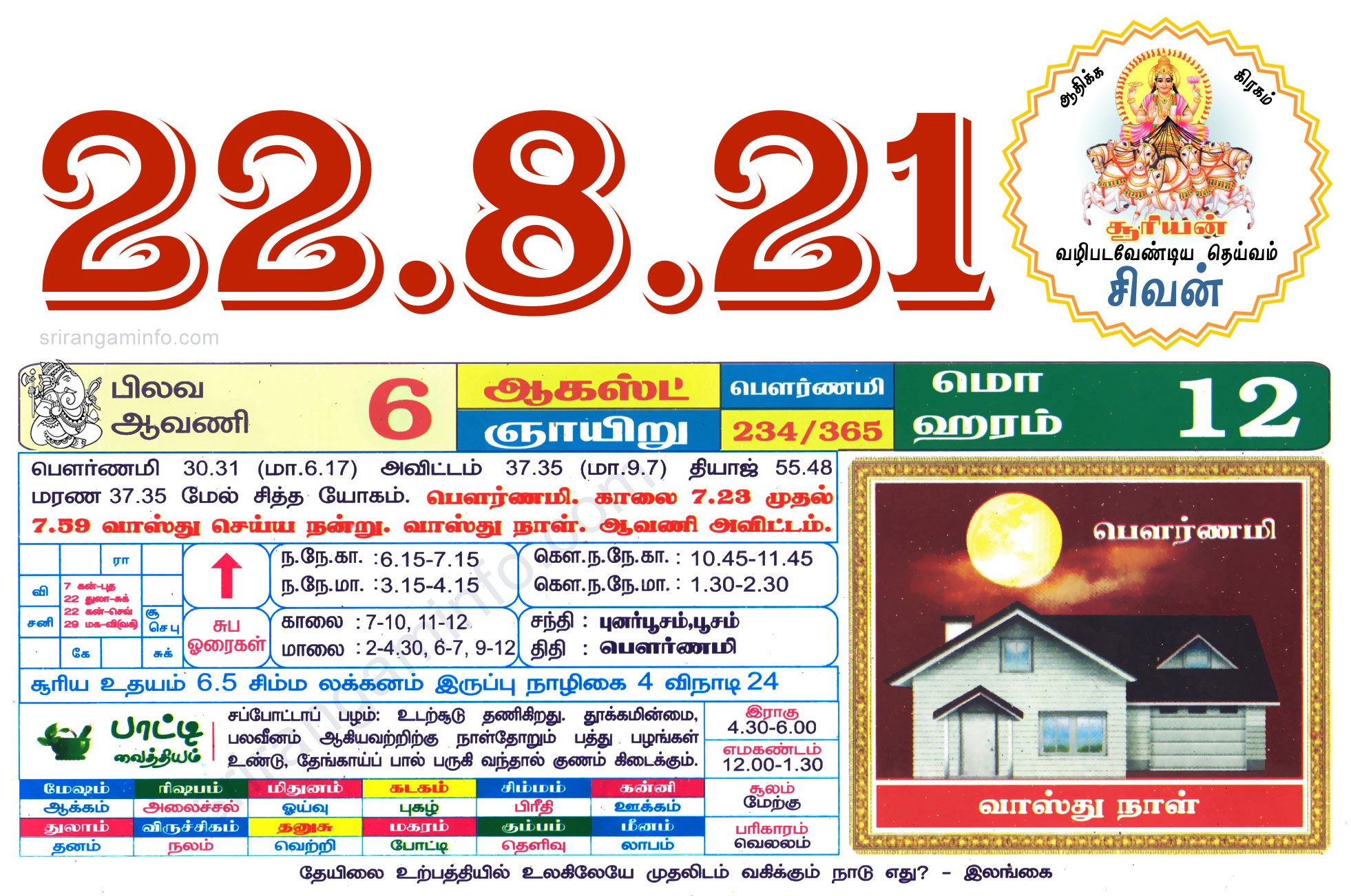 Tamil daily Calendar, Tamil Calendar
