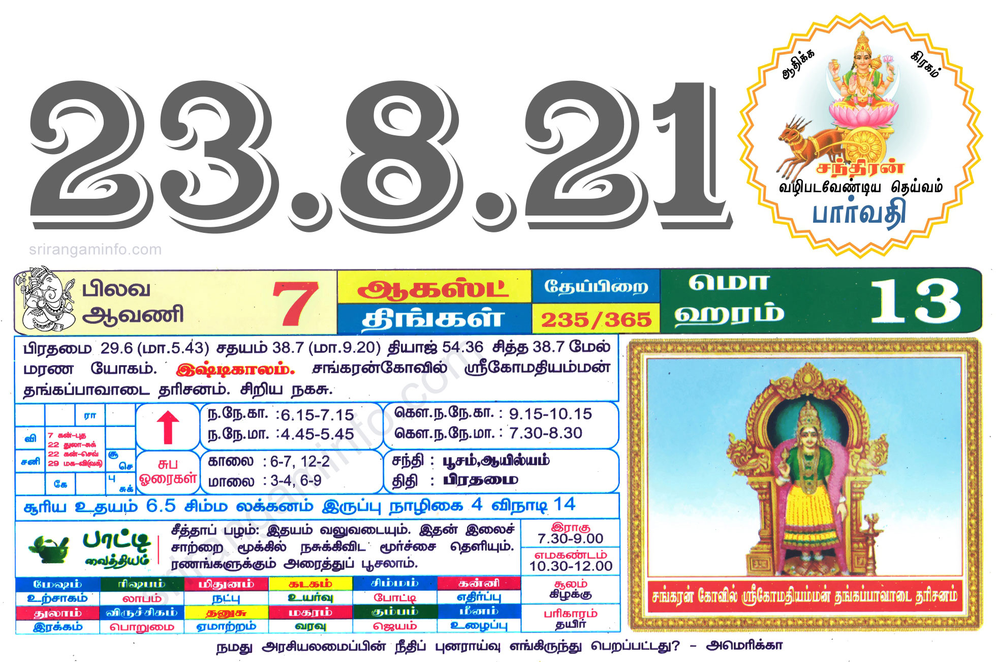 Tamil daily Calendar, Tamil Calendar