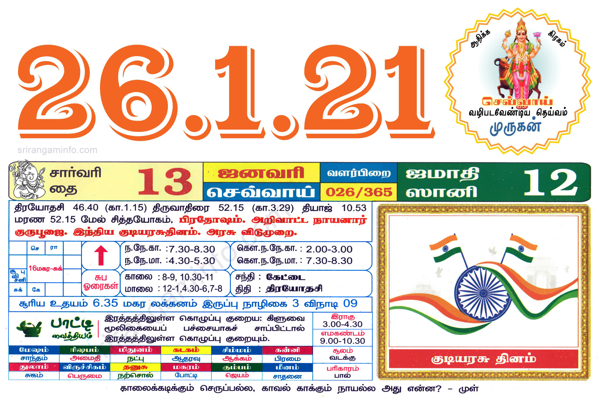 Tamil daily Calendar, Tamil Calendar