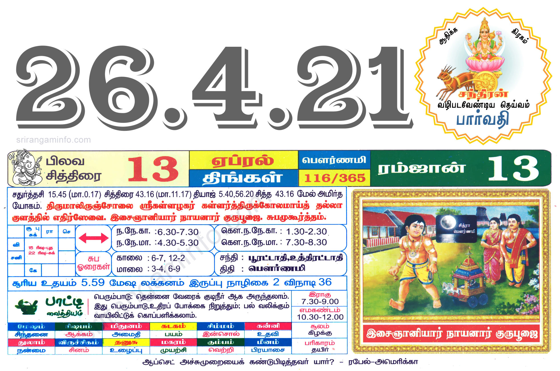 Tamil daily Calendar, Tamil Calendar
