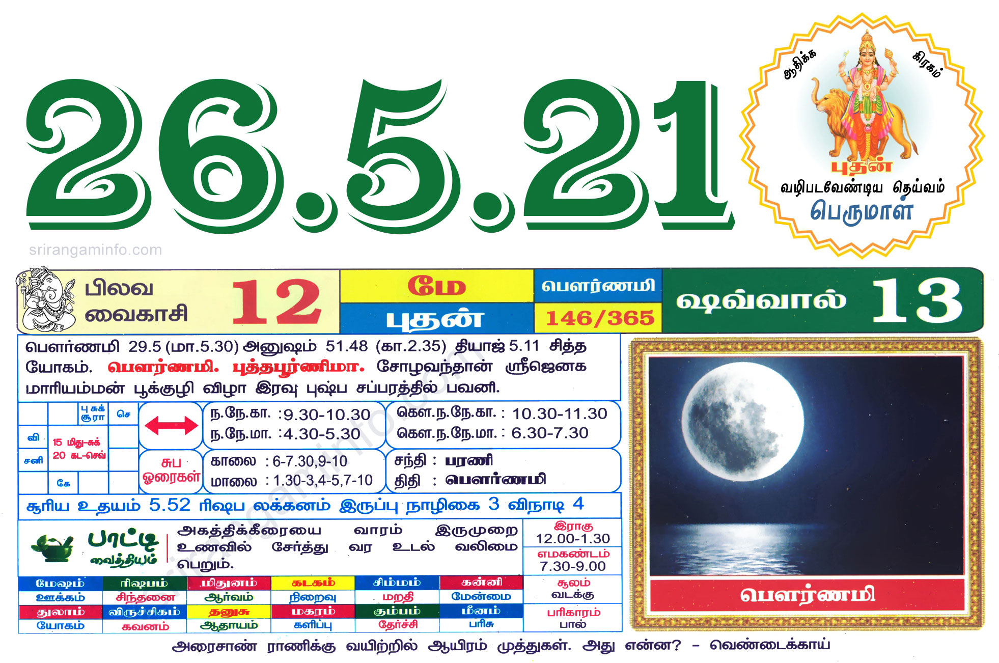 Tamil daily Calendar, Tamil Calendar