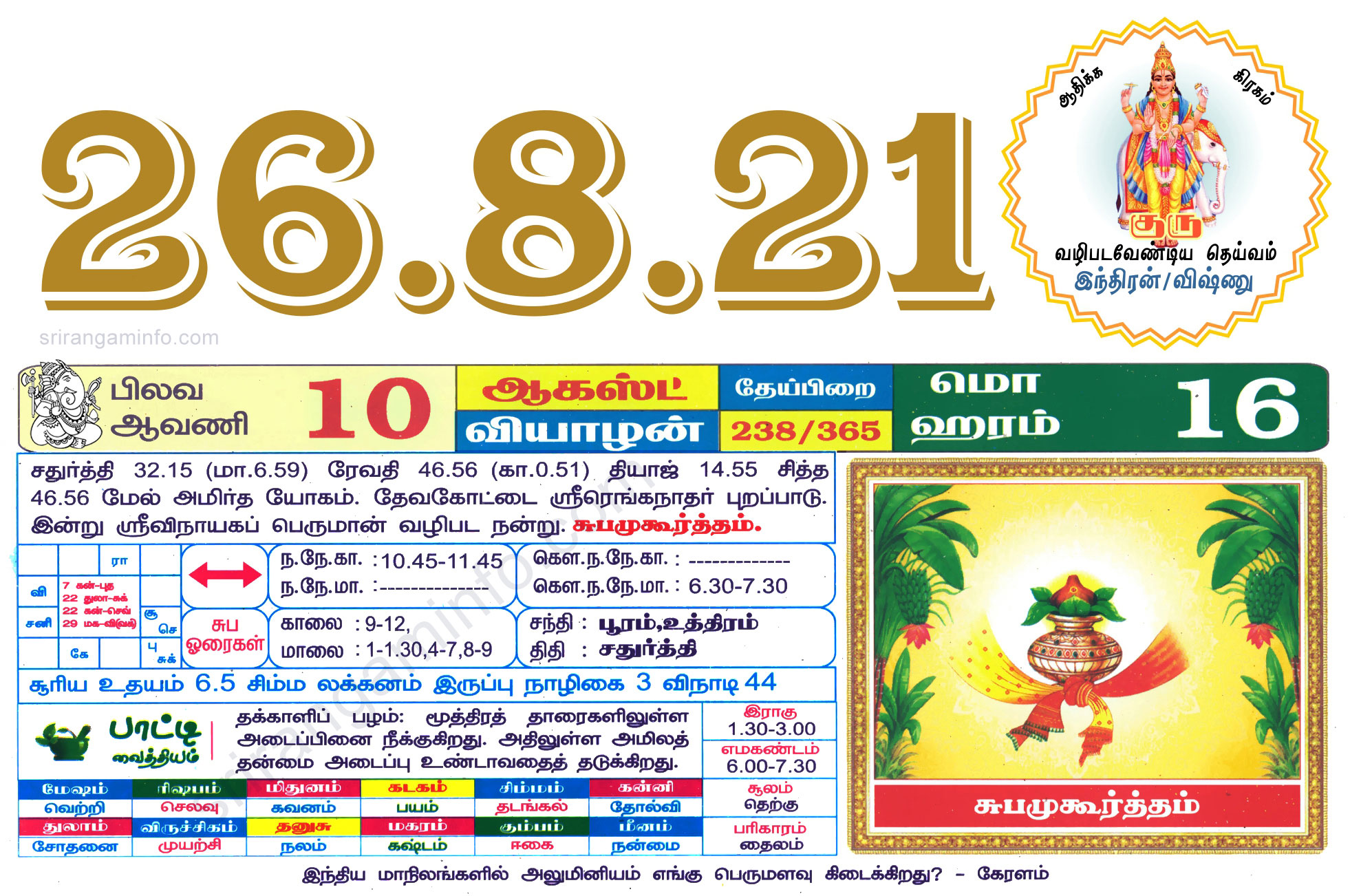 Tamil daily Calendar, Tamil Calendar