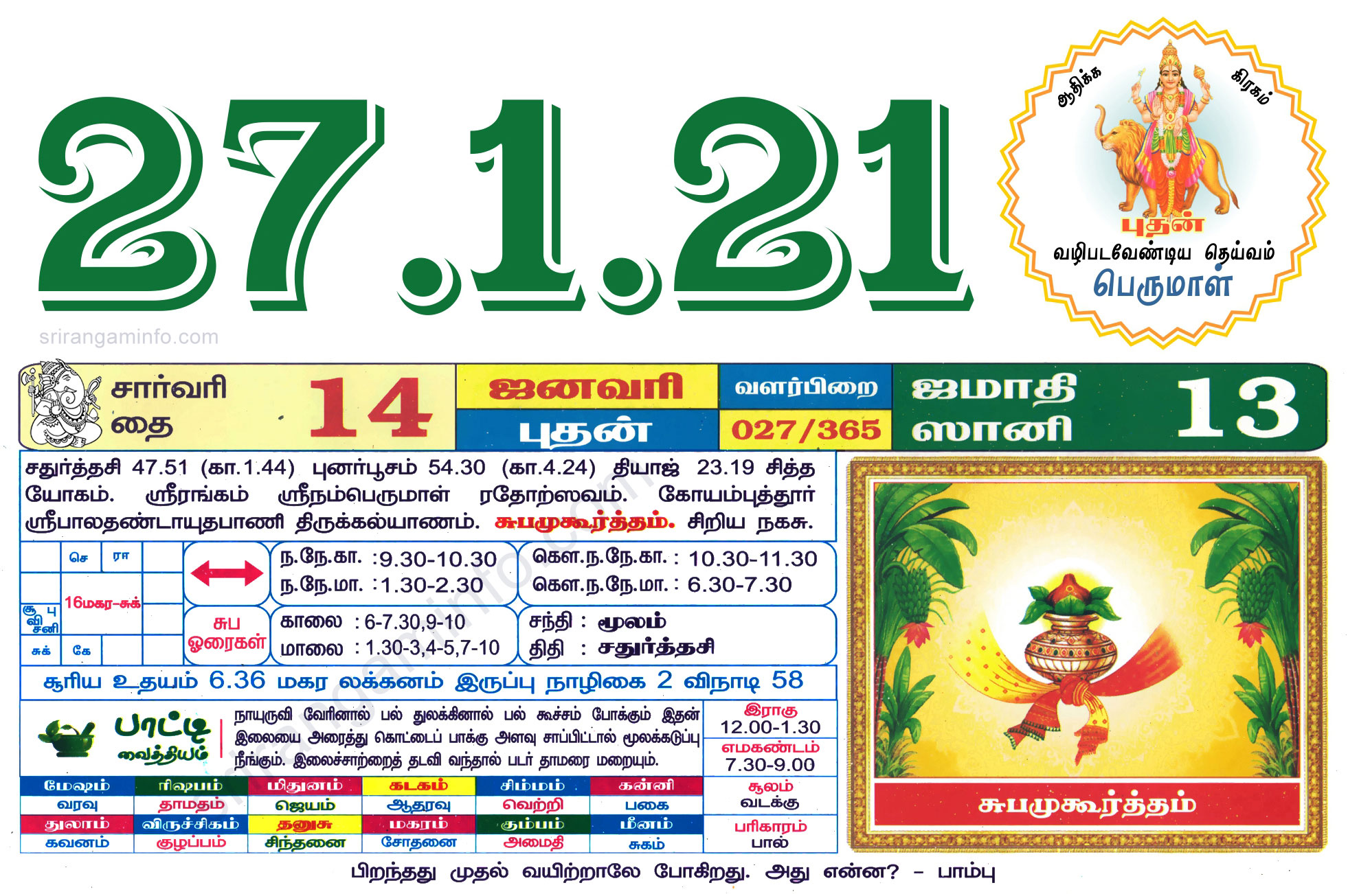 Tamil daily Calendar, Tamil Calendar