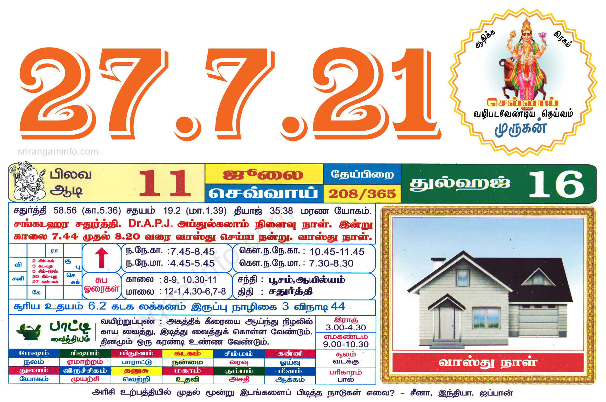 Tamil daily Calendar, Tamil Calendar