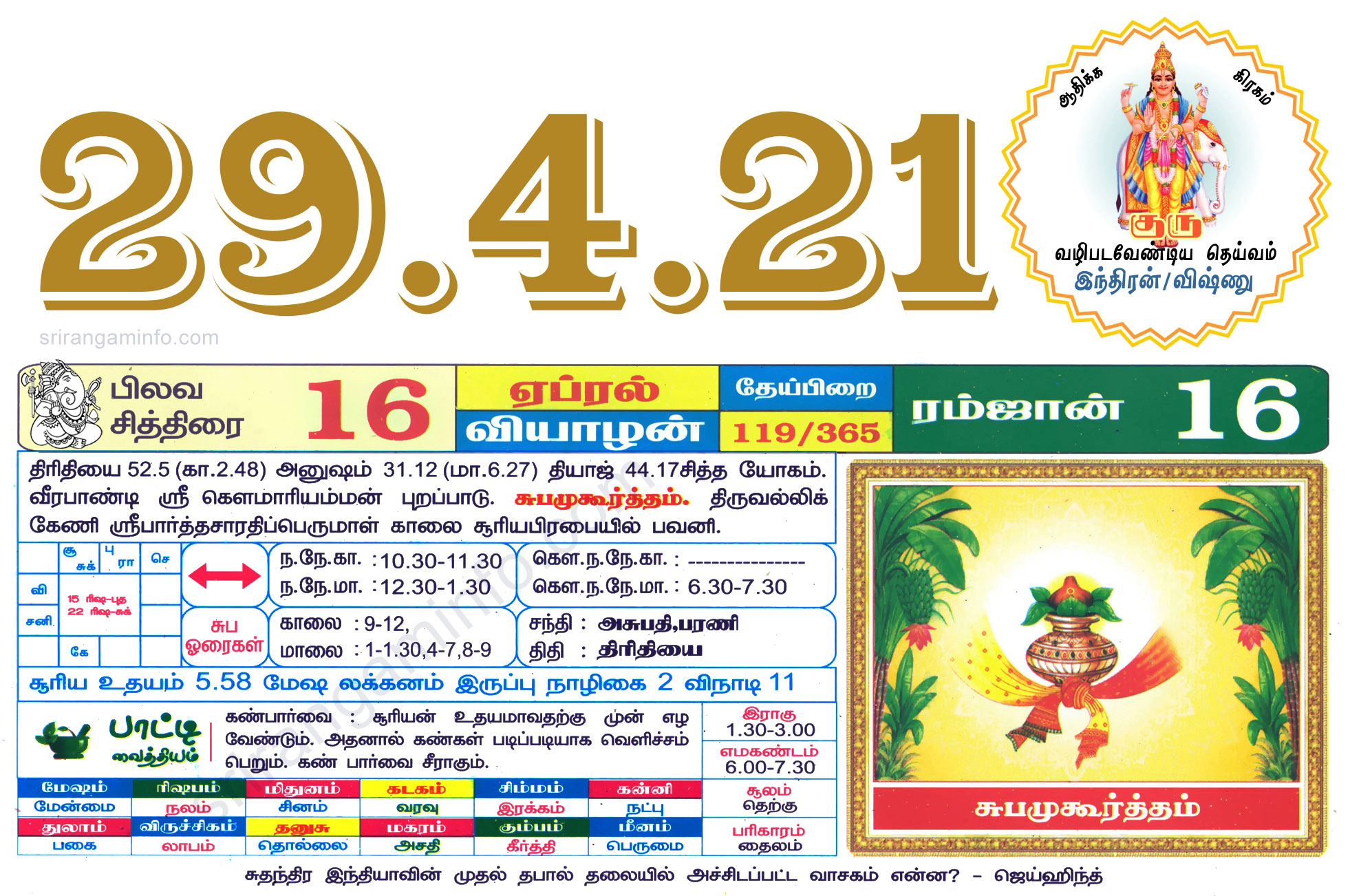 Tamil daily Calendar, Tamil Calendar