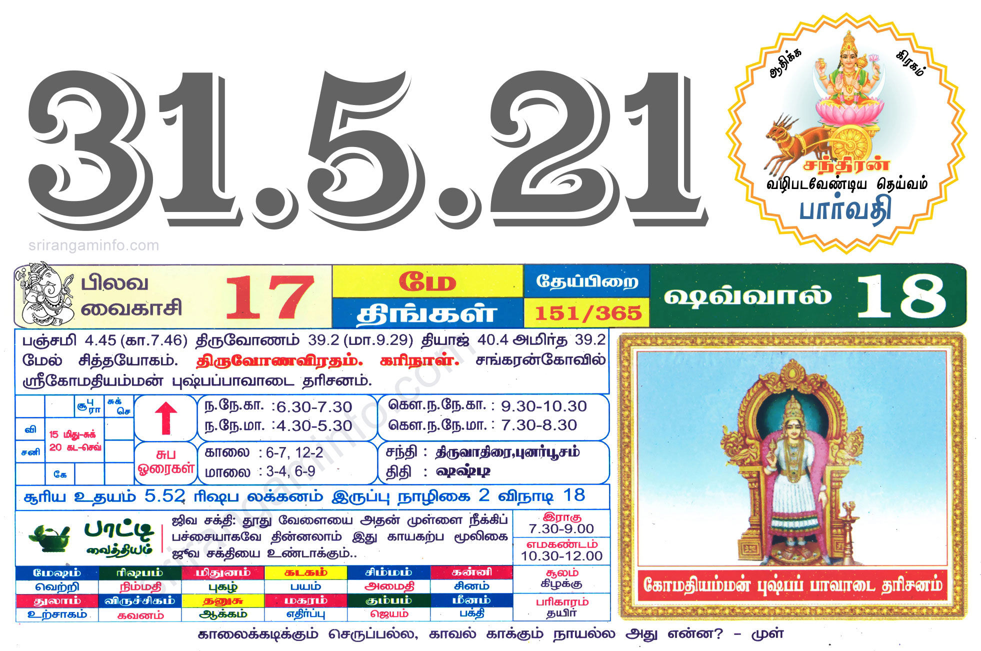 Tamil daily Calendar, Tamil Calendar