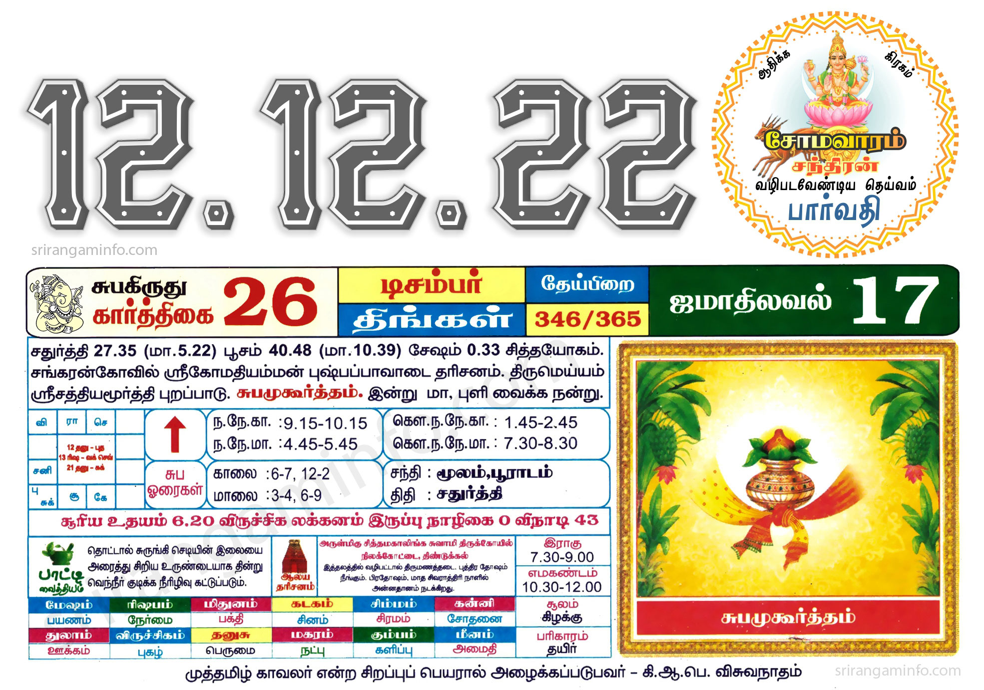 Tamil daily Calendar, Tamil Calendar