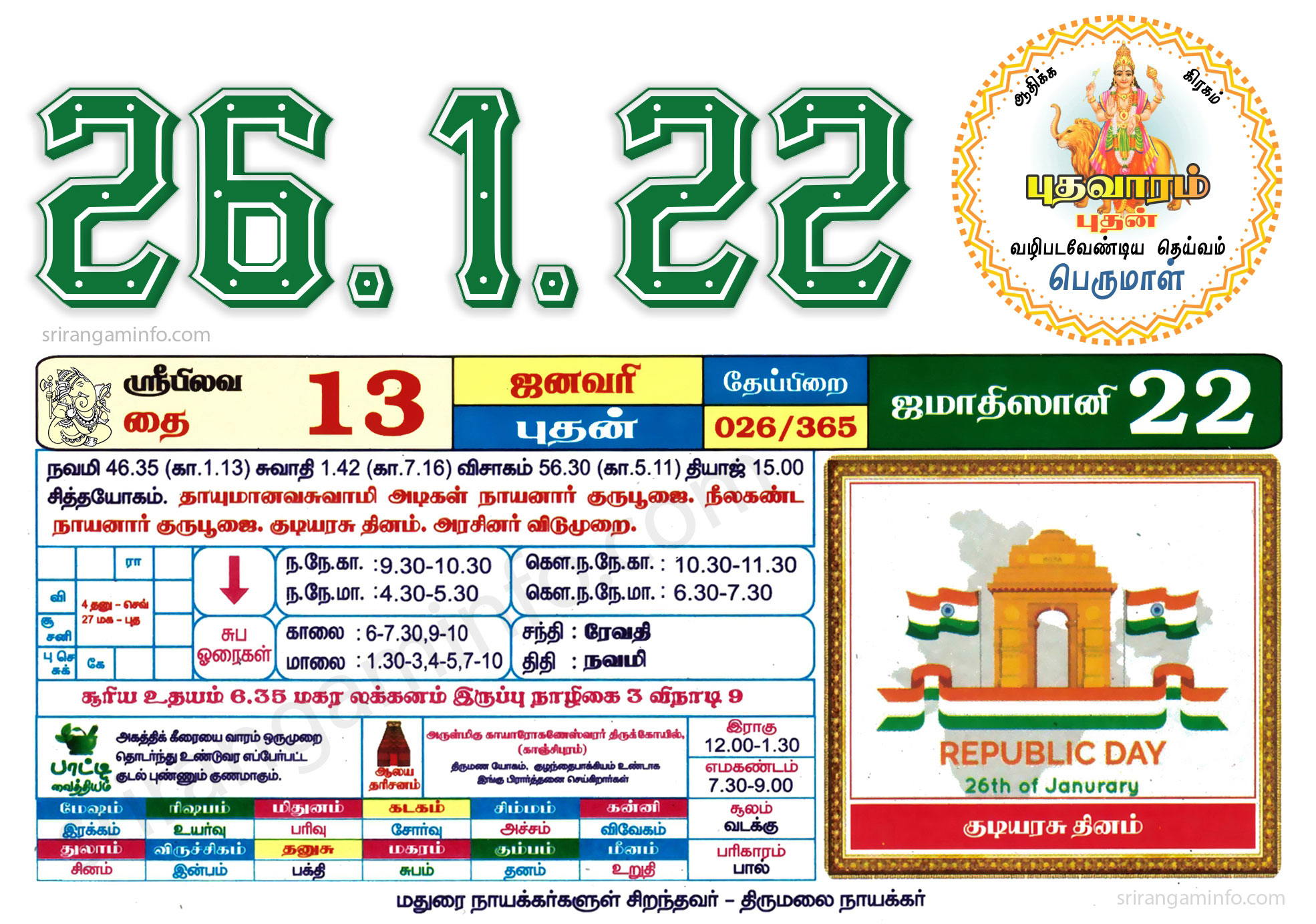 Tamil daily Calendar, Tamil Calendar