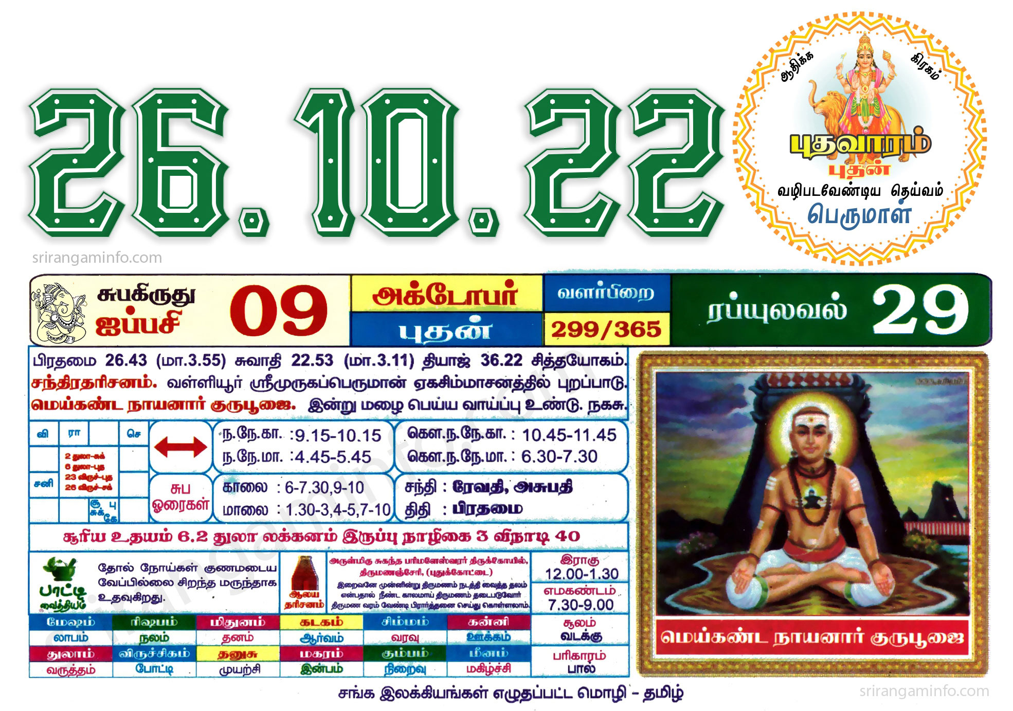 Tamil daily Calendar, Tamil Calendar