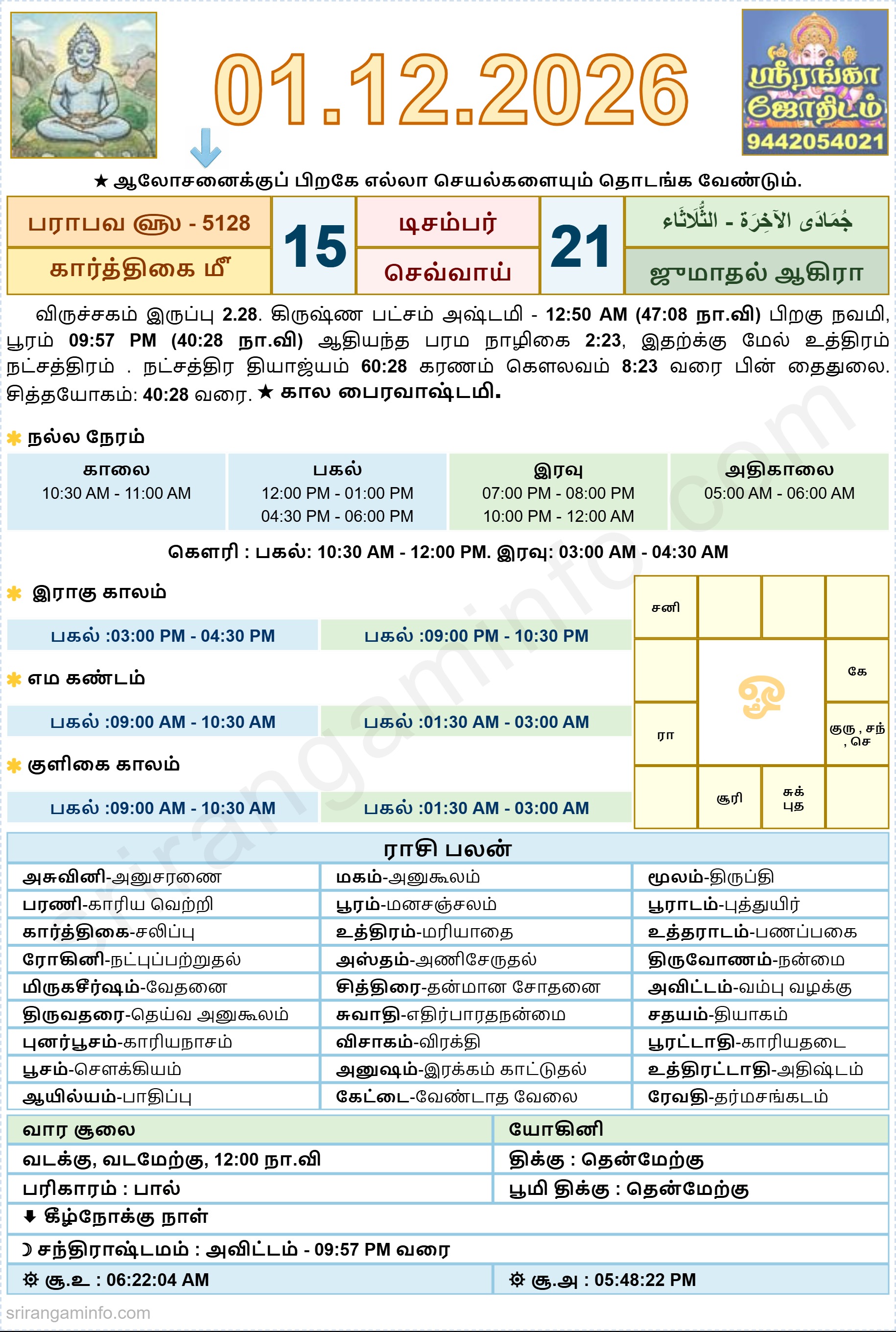 Tamil daily Calendar, Tamil Calendar