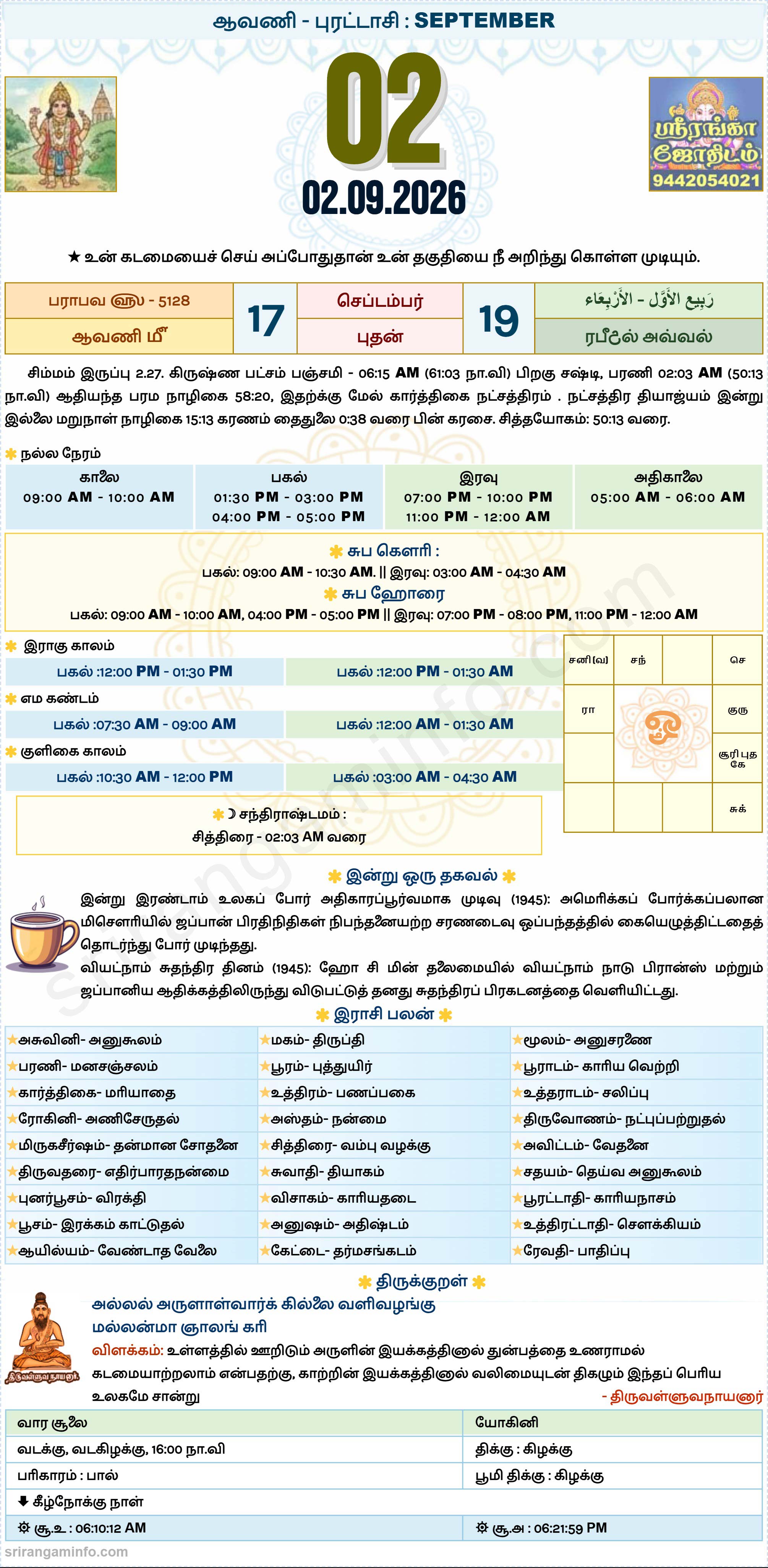 Tamil daily Calendar, Tamil Calendar