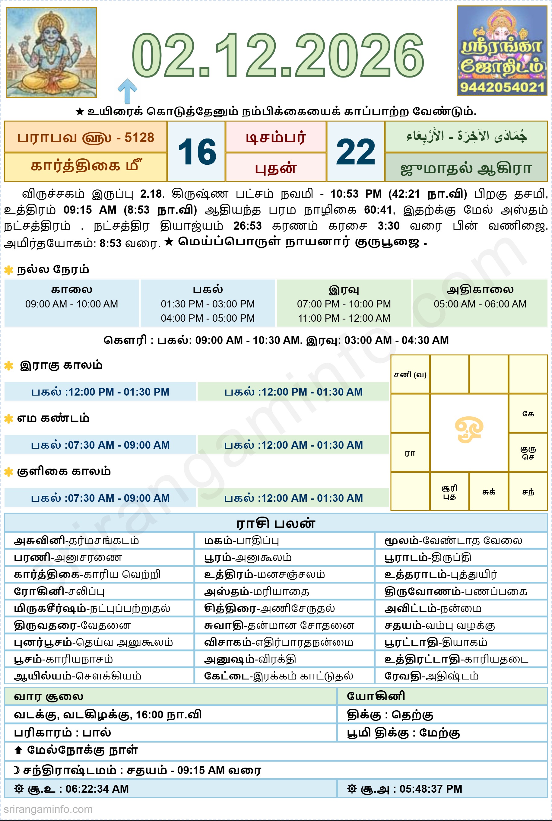 Tamil daily Calendar, Tamil Calendar