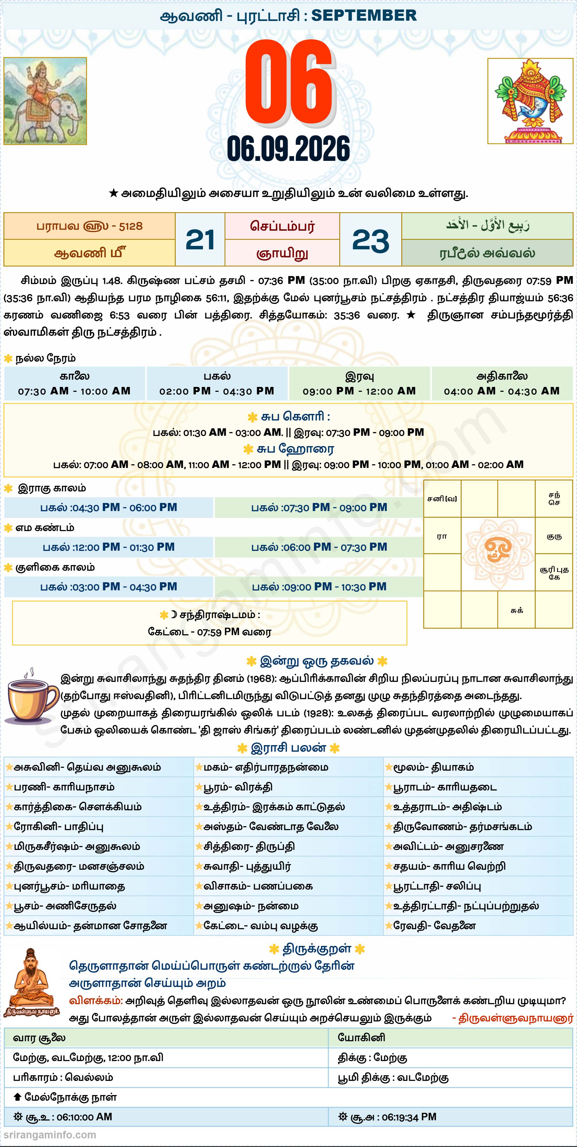 Tamil daily Calendar, Tamil Calendar