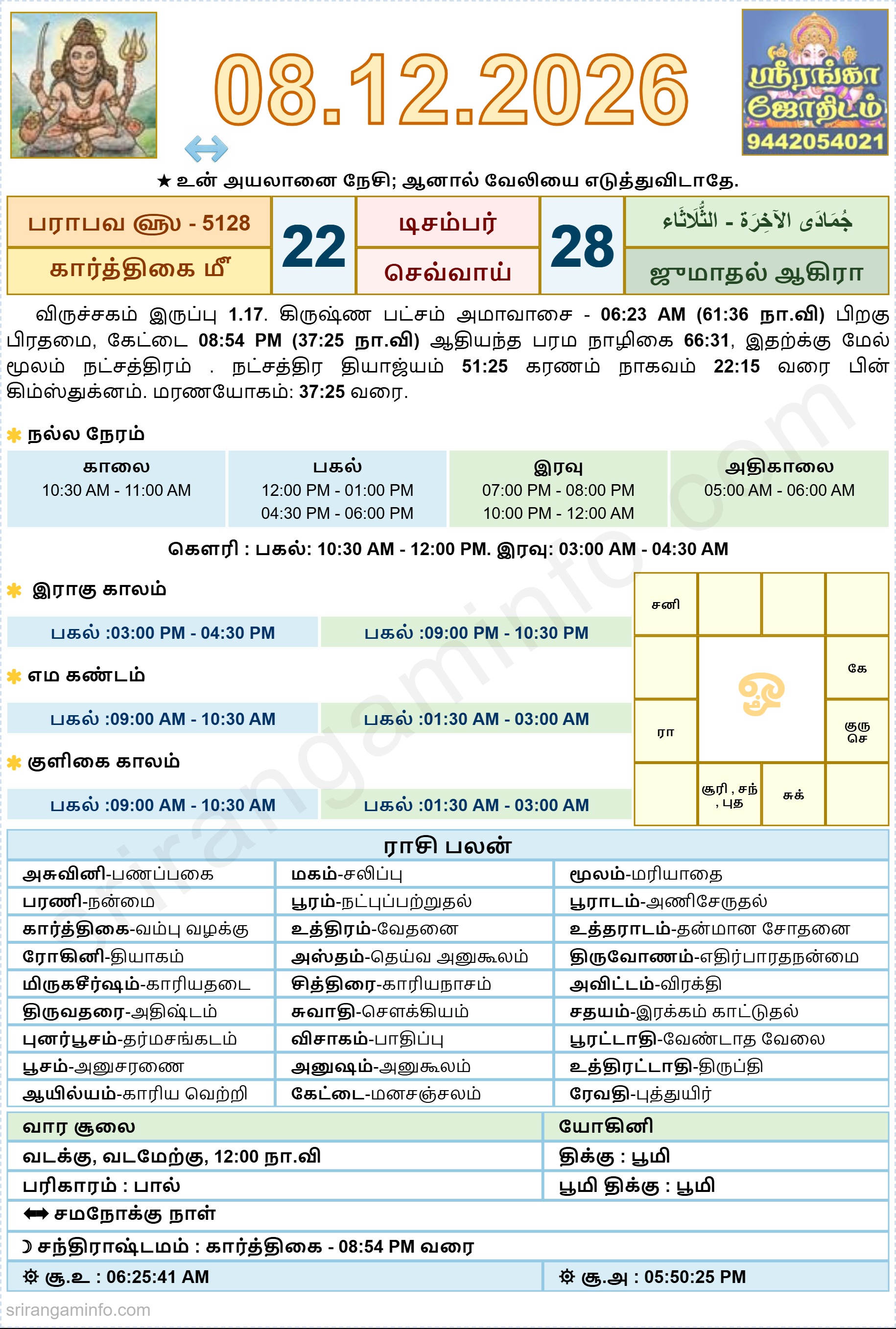 Tamil daily Calendar, Tamil Calendar