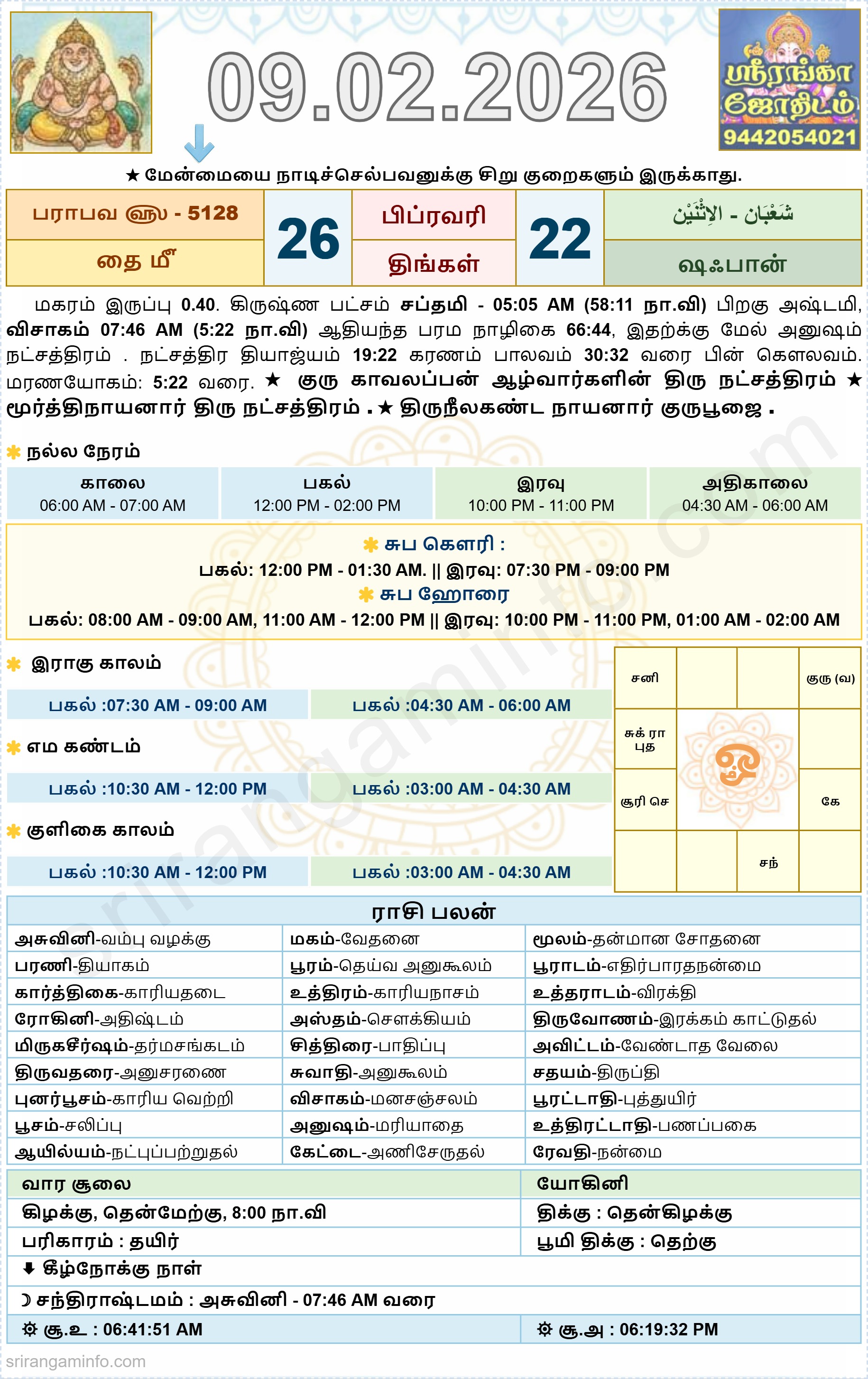 Tamil daily Calendar, Tamil Calendar