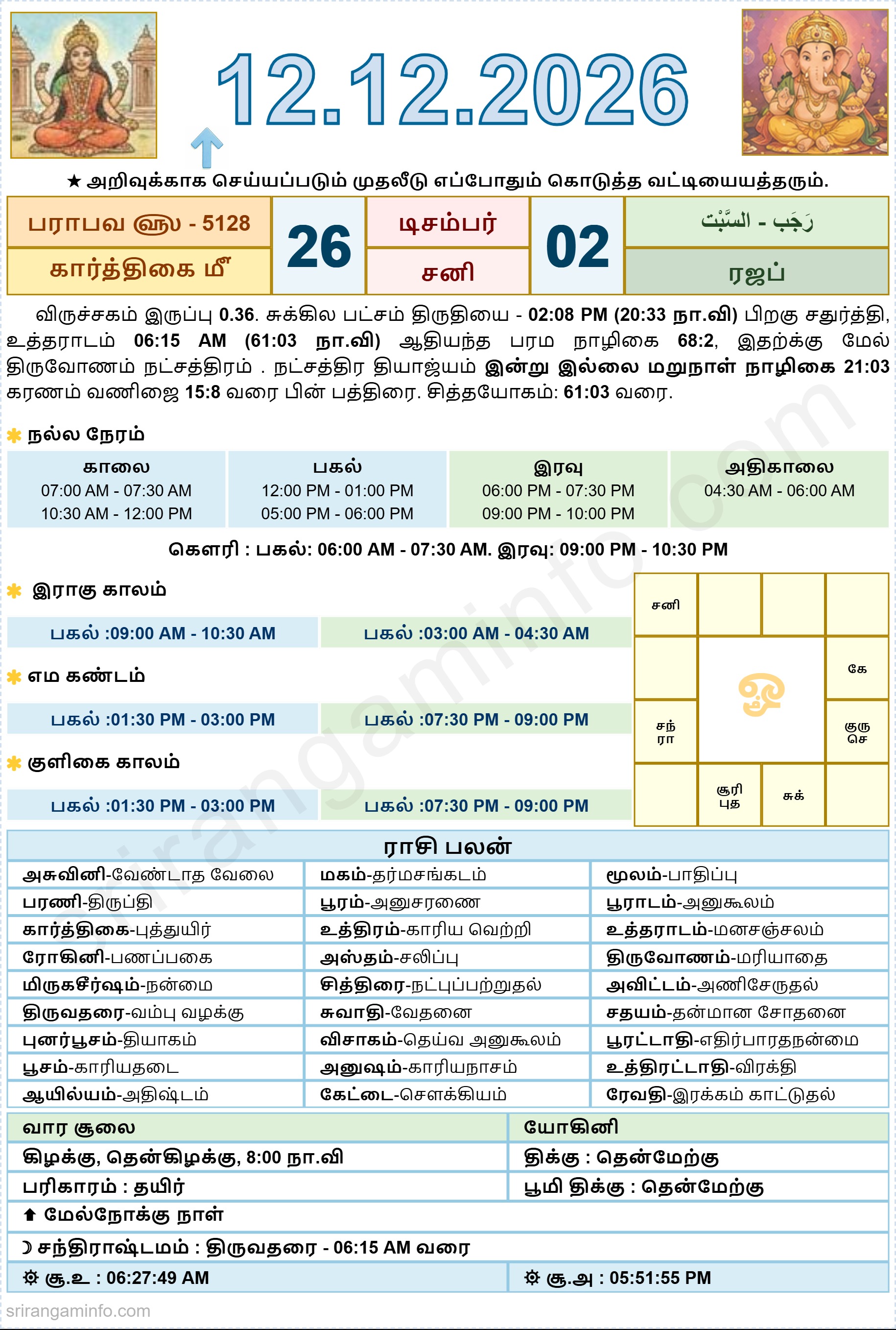 Tamil daily Calendar, Tamil Calendar