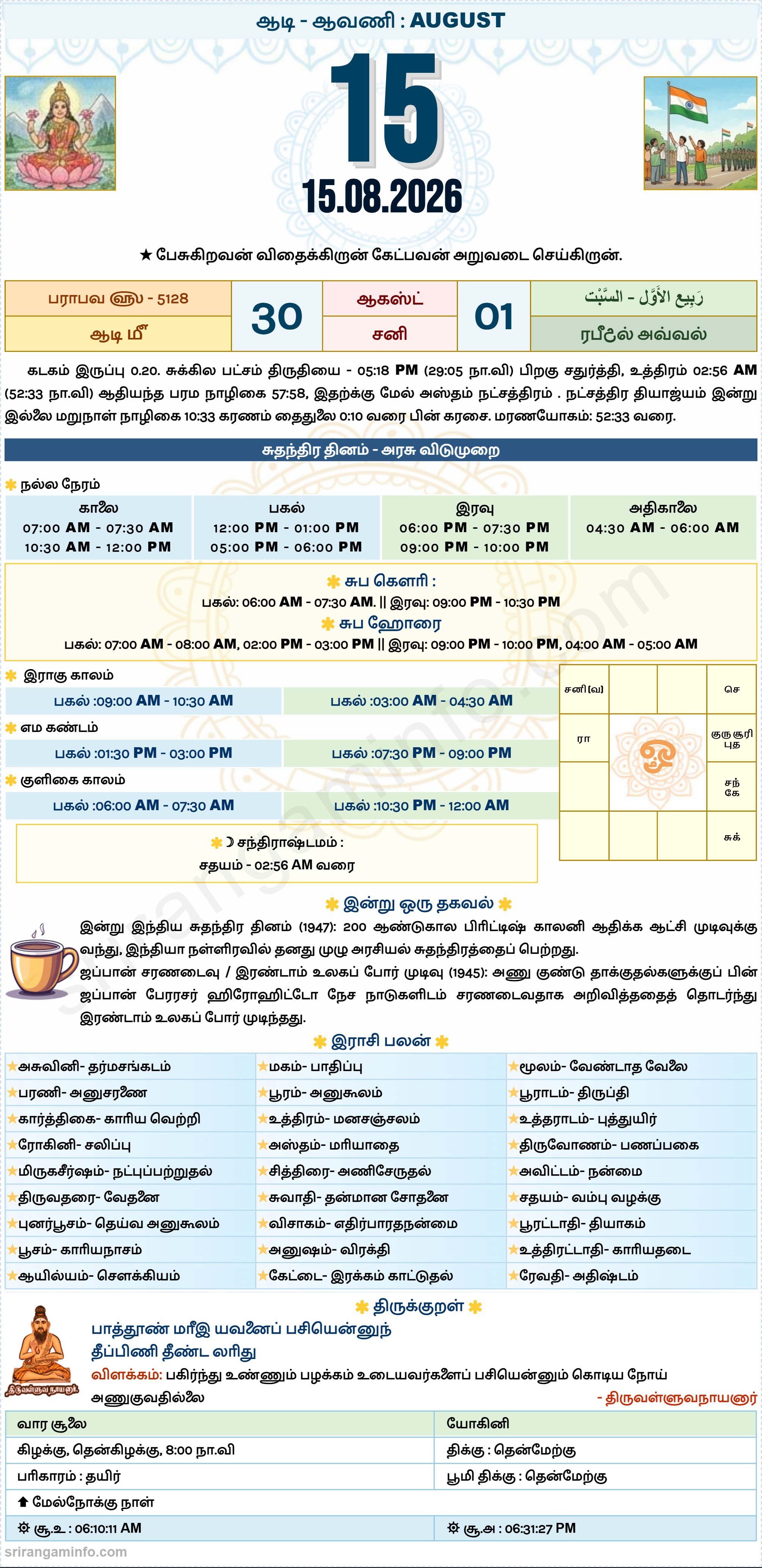 Tamil daily Calendar, Tamil Calendar
