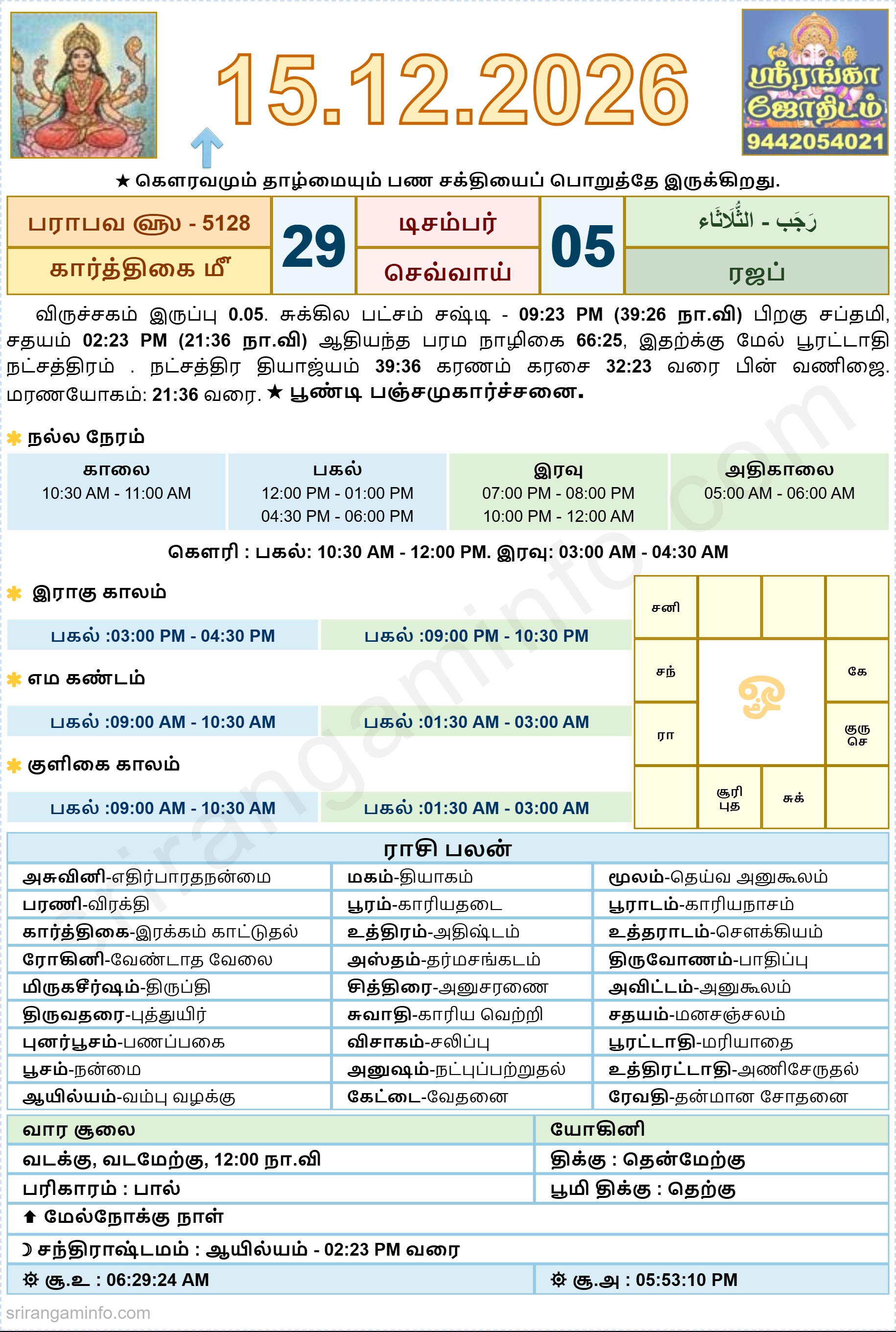 Tamil daily Calendar, Tamil Calendar