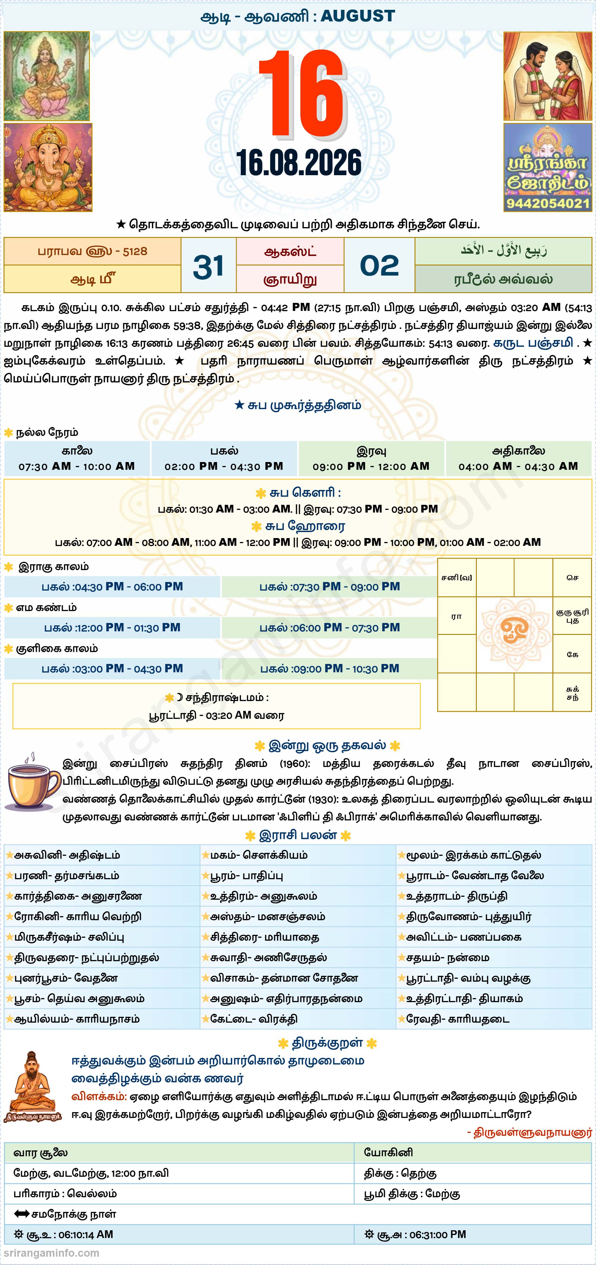Tamil daily Calendar, Tamil Calendar