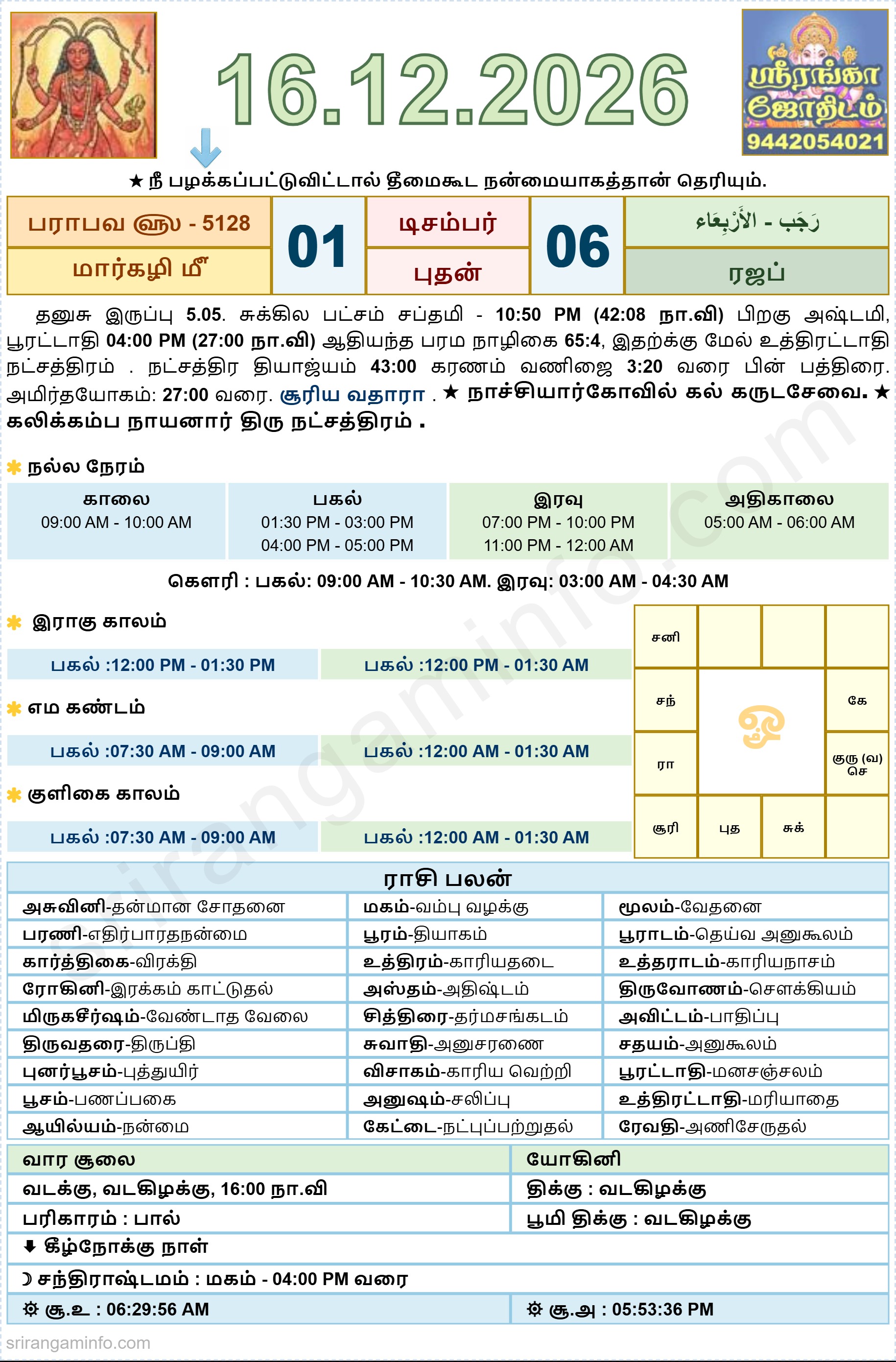 Tamil daily Calendar, Tamil Calendar