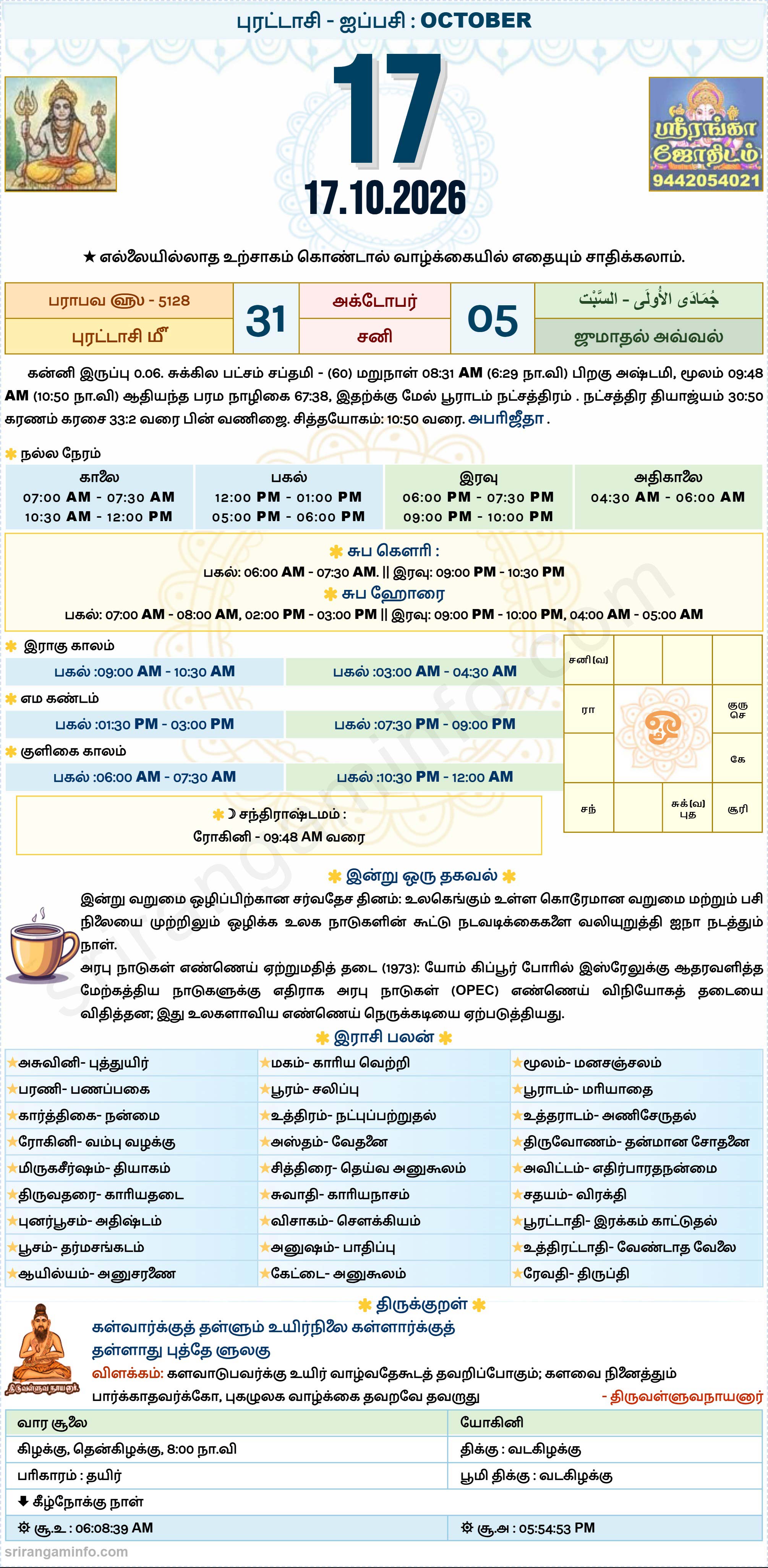 Tamil daily Calendar, Tamil Calendar
