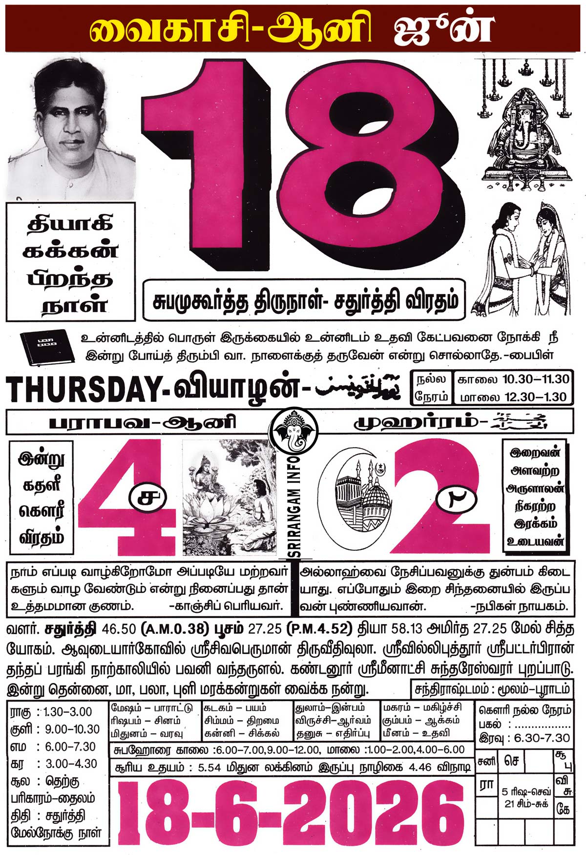 Tamil daily Calendar, Tamil Calendar