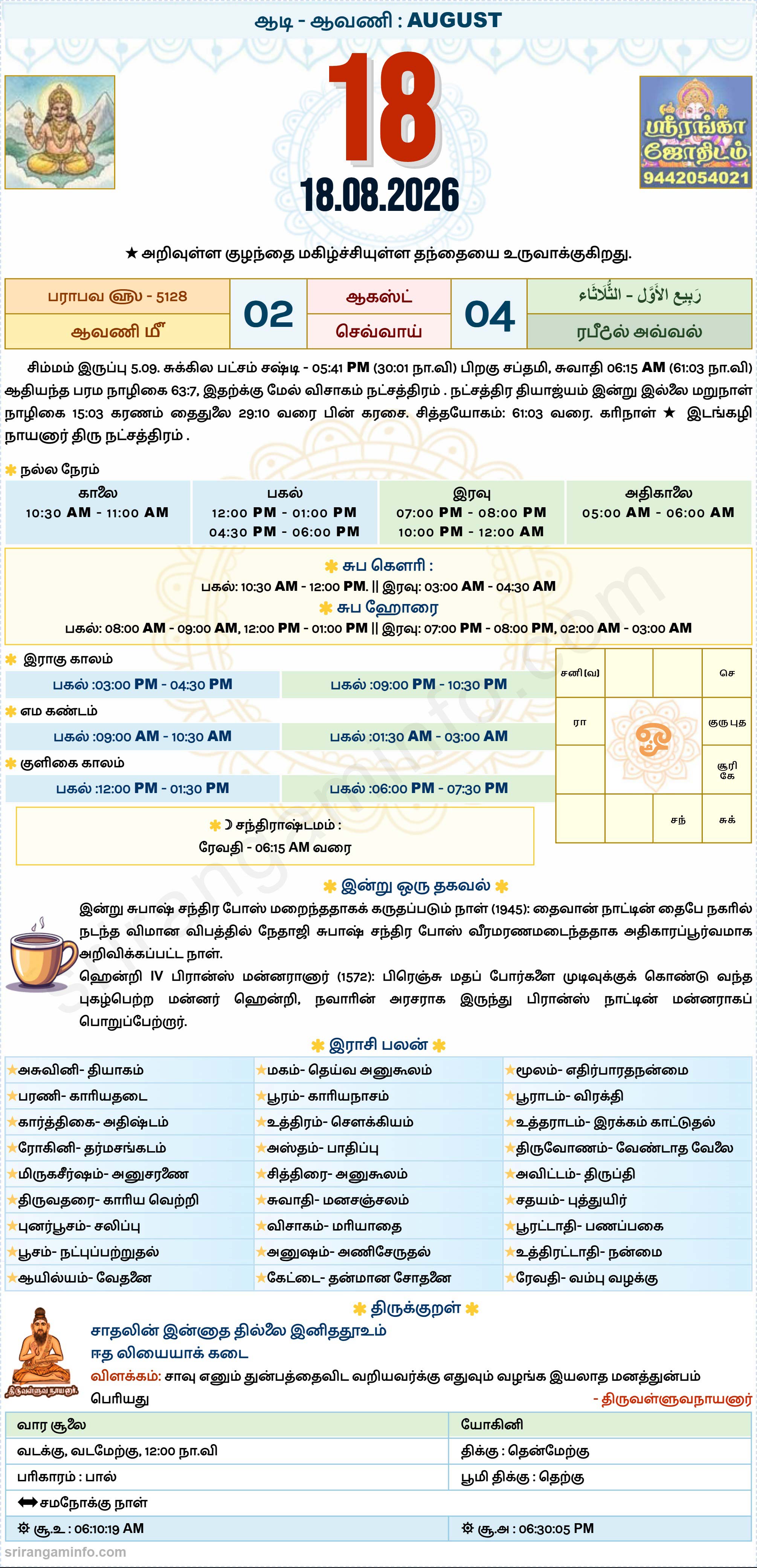 Tamil daily Calendar, Tamil Calendar