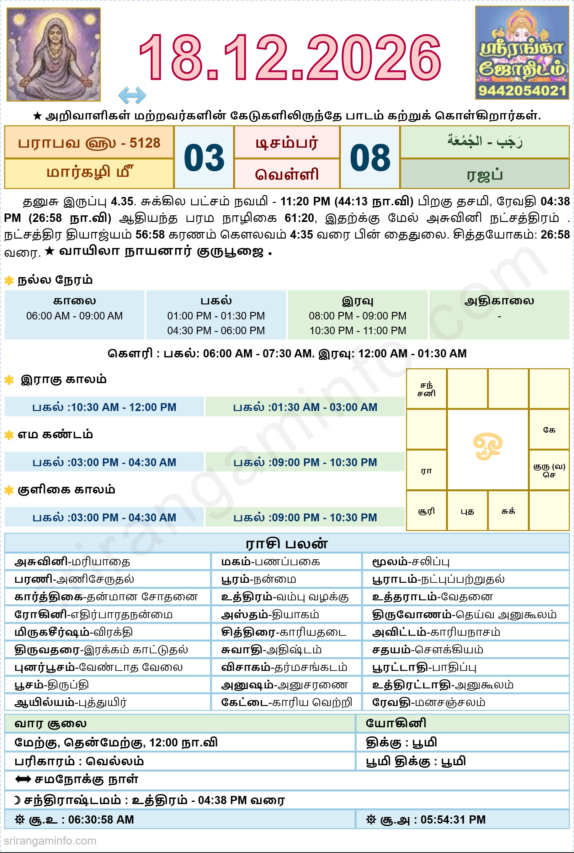 Tamil daily Calendar, Tamil Calendar
