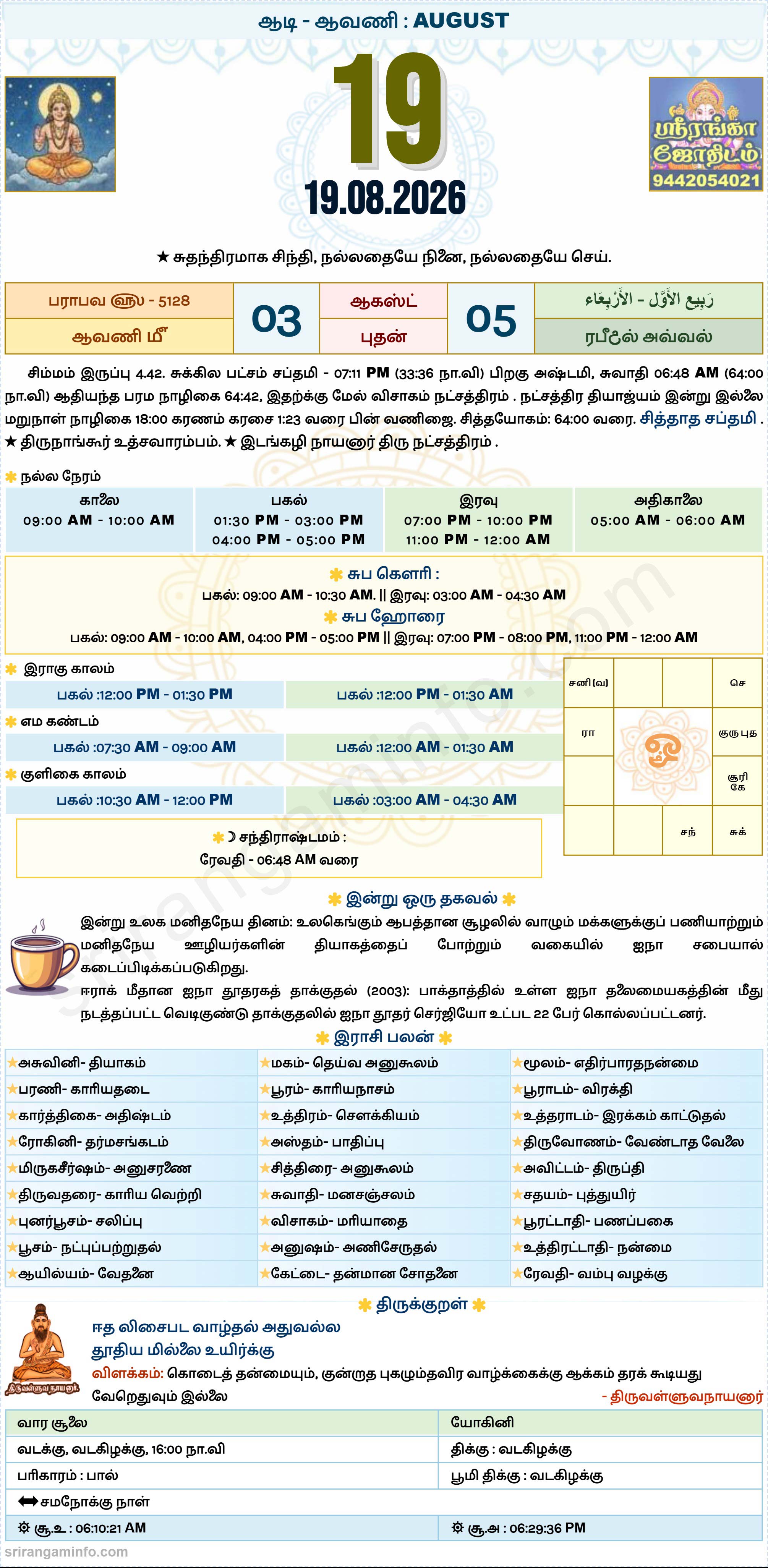 Tamil daily Calendar, Tamil Calendar