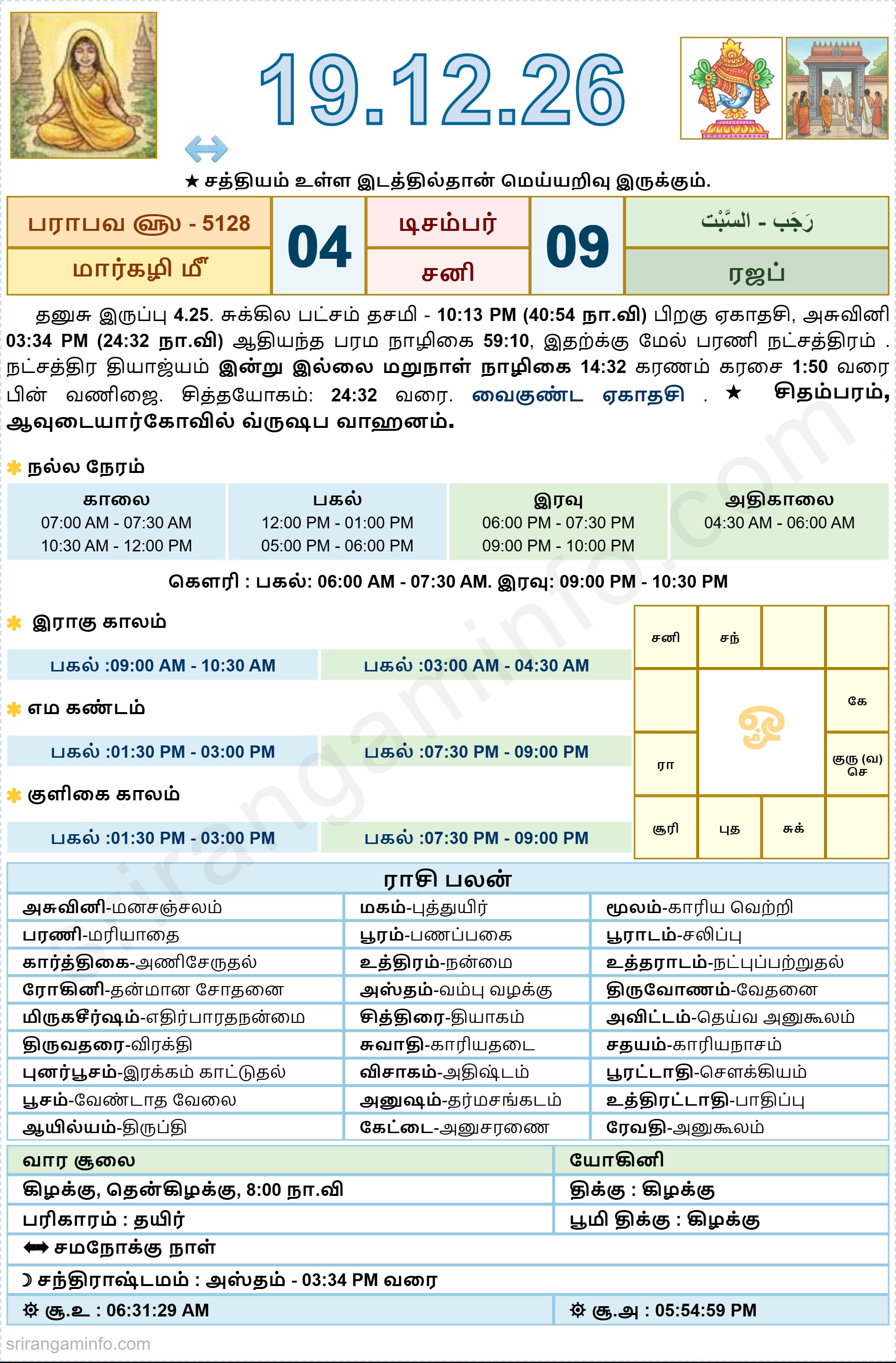Tamil daily Calendar, Tamil Calendar