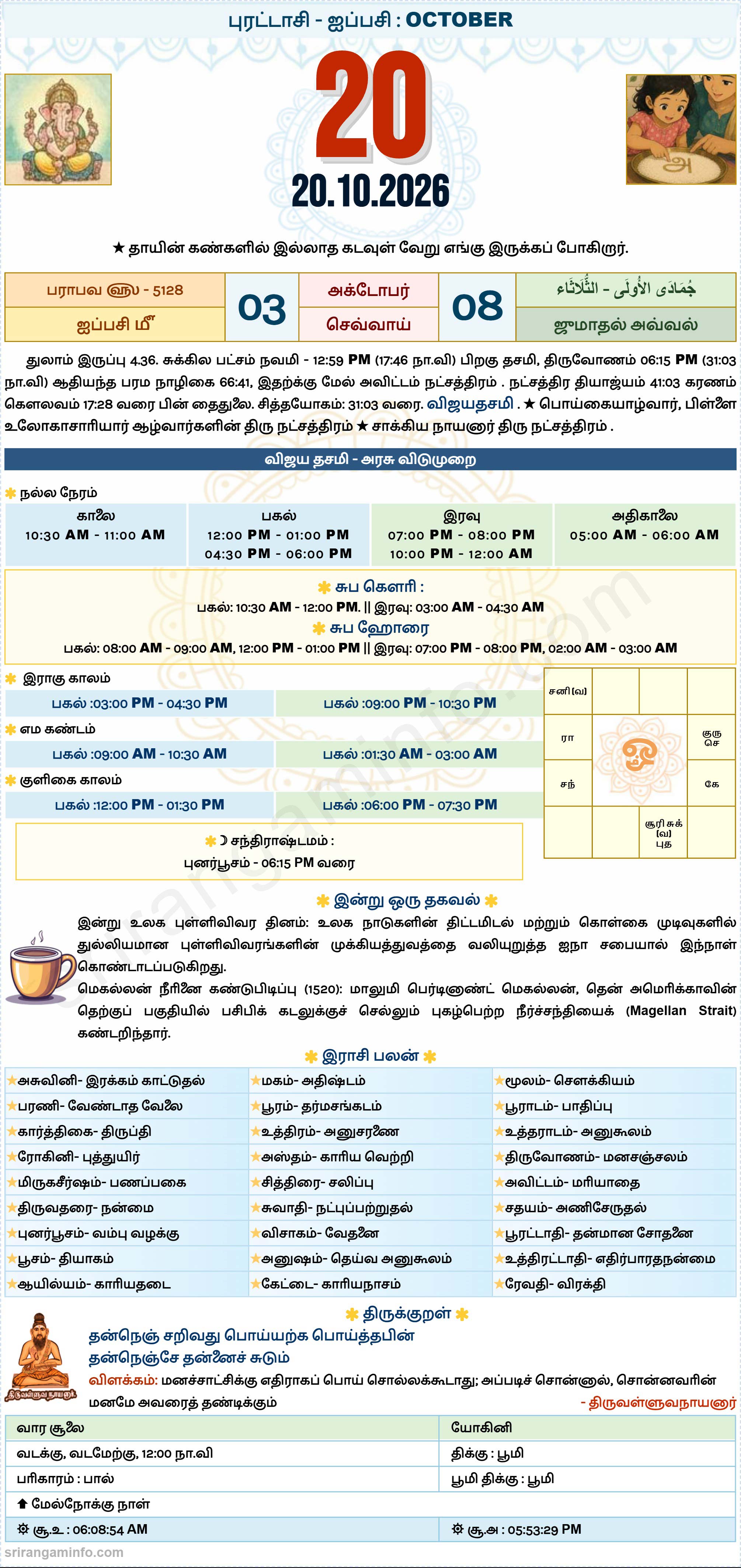 Tamil daily Calendar, Tamil Calendar