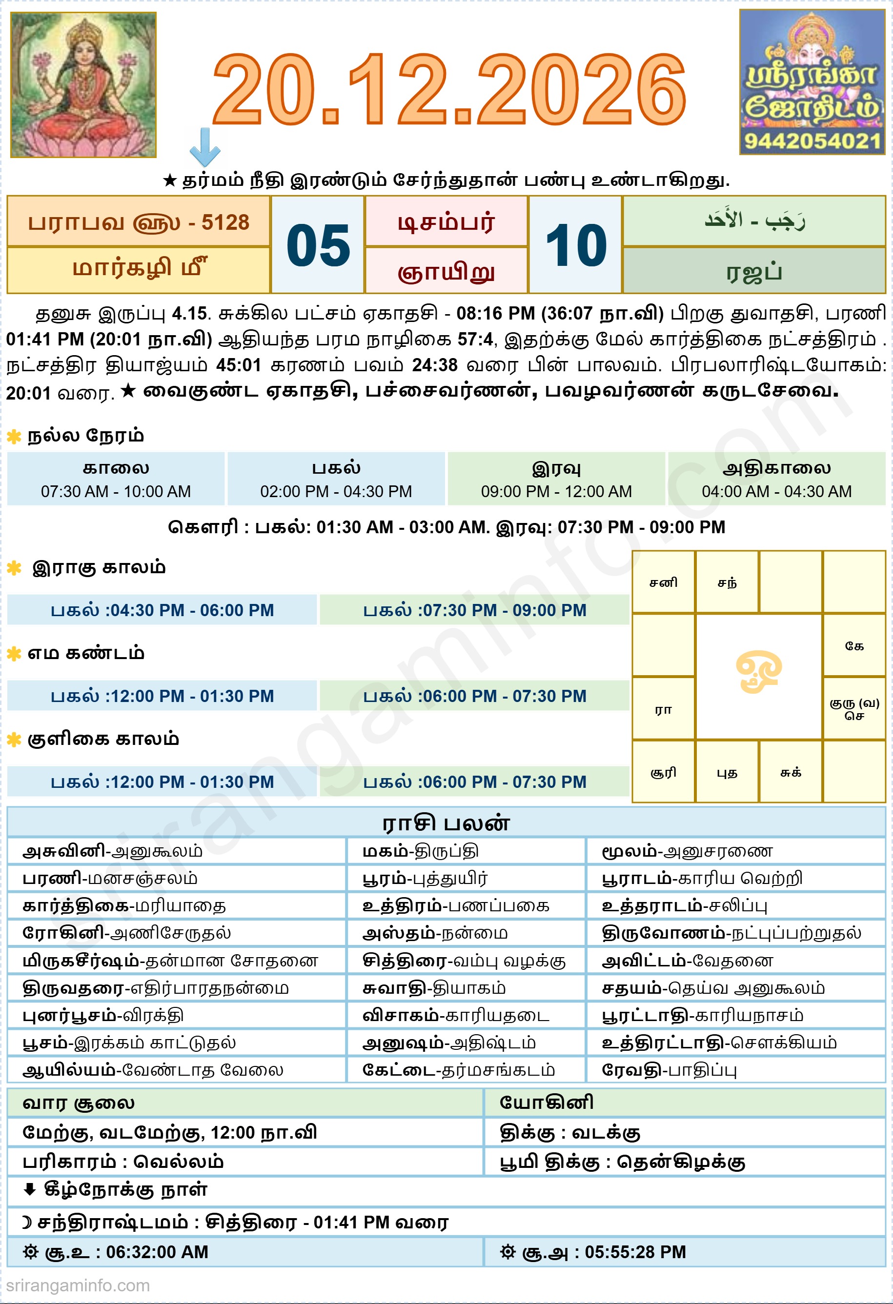 Tamil daily Calendar, Tamil Calendar